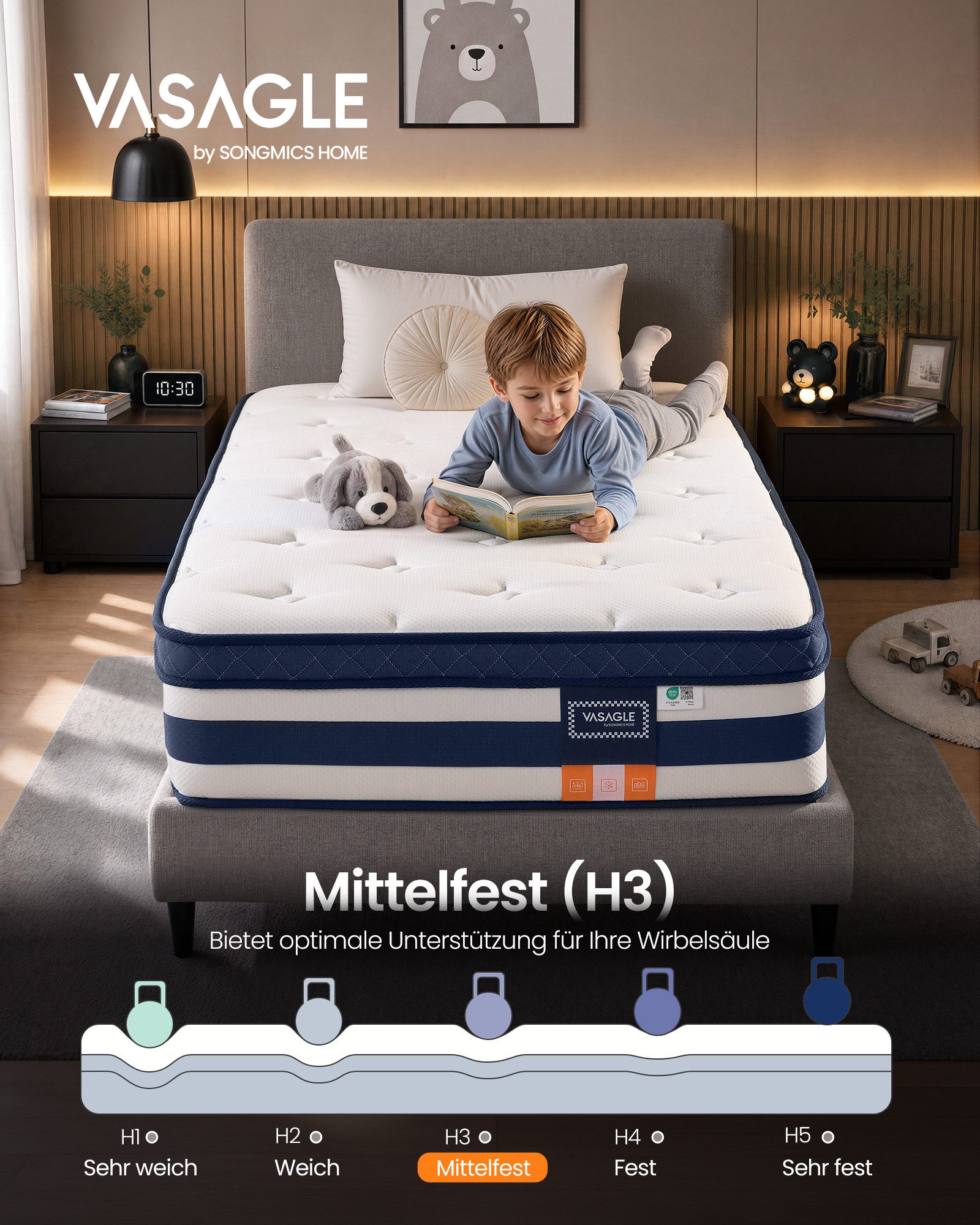 Taschenfederkernmatratze Federkernmatratze, Matratzen aus Gel-Memory-Schaumstoff, Kühlend, VASAGLE, 25 cm hoch, 7-Zonen-Unterstützung, Bewegungsisolierung, atmungsaktiver Bezug, H3