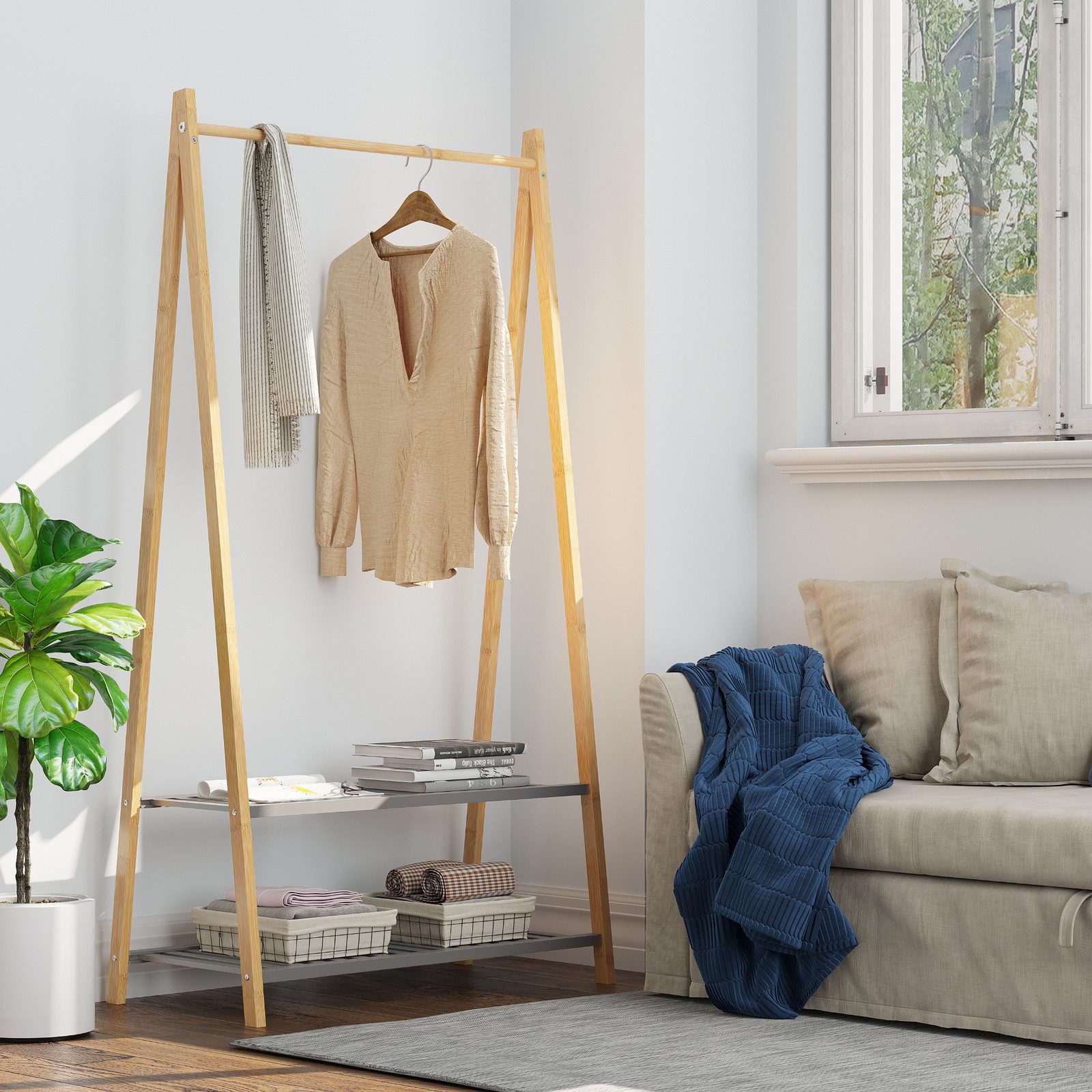 Yorbay Kleiderständer Doppelstöckige Bambus-Garderobe mit Kleiderstange 80x40x150cm(BxTxH), (Set, 1), Inklusive Schuhregal,geeignet für Eingangsbereich und Wohnzimmer