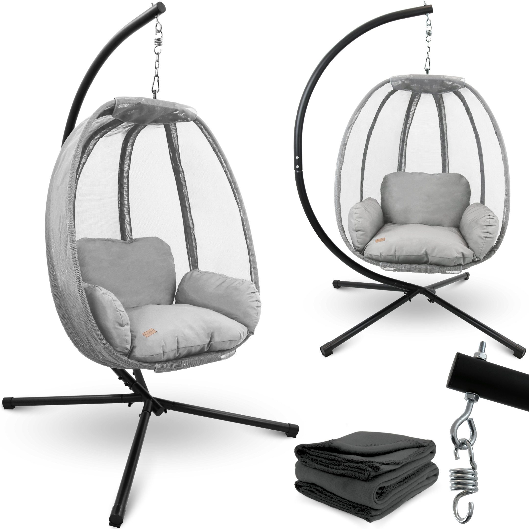 deluxe4home Hängesessel Hängekorb mit Gestell I Terrassenschaukel Hängeschaukel, inkl. Polster und Kuscheldecke