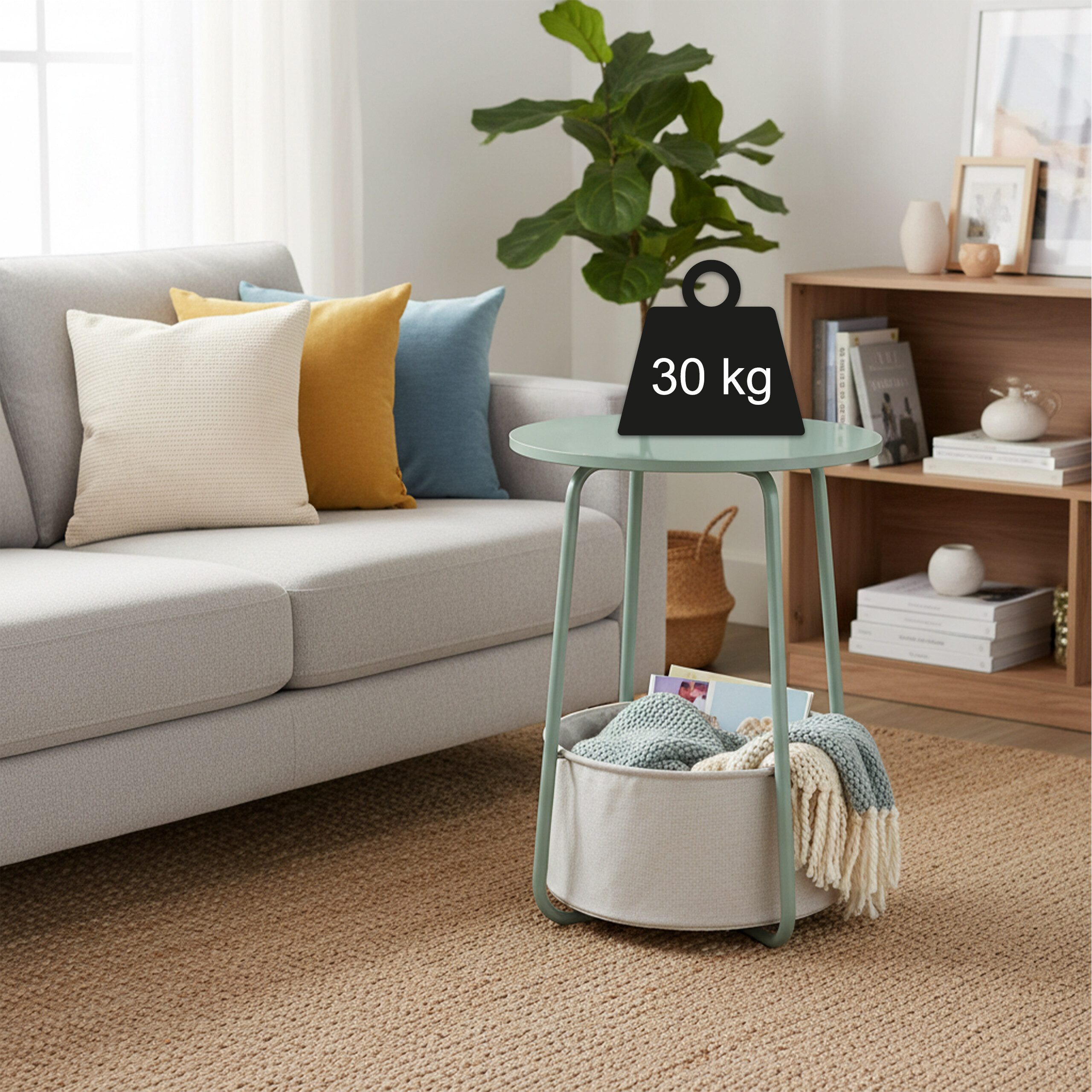 relaxdays Beistelltisch Runder Beistelltisch mit Korb (1-St), Mint – Bild 5 von 5