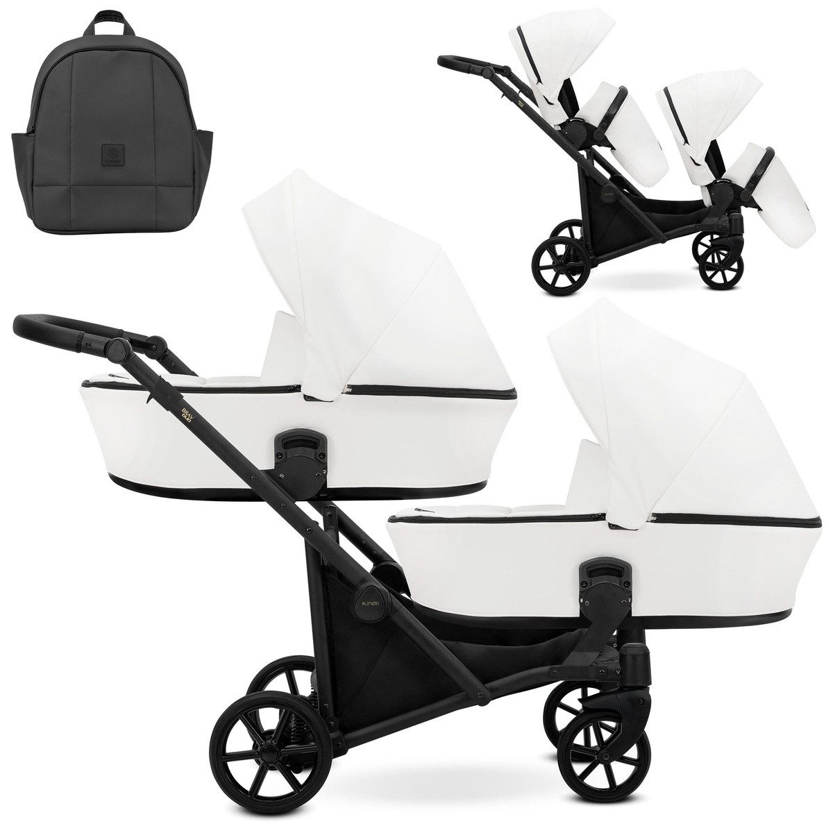 KUNERT Zwillings-Kombikinderwagen BRAV DUO 2in1 Öko-Leder Doppelkinderwagen - Flexibel und Kompakt, 12 Konfigurationen, leichtes Aluminiumgestell, große Ablagefächer