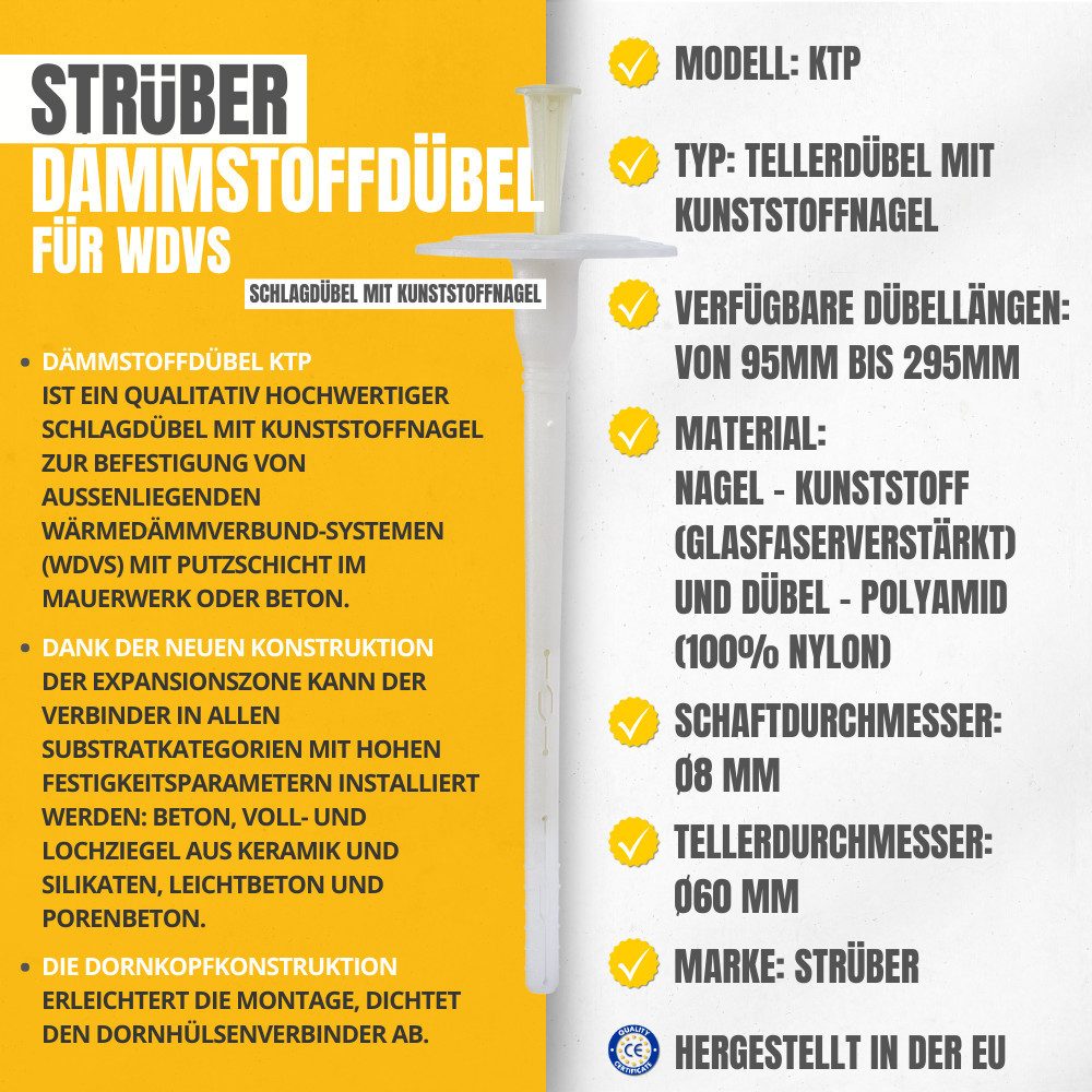 STRÜBER Schrauben- und Dübel-Set Dämmstoffdübel für WDVS - Schlagdübel mit Kunststoffnagel, WDVS, Dämmstoffdübel, Tellerdübel, Dübel, Schlagdübel, Styropor