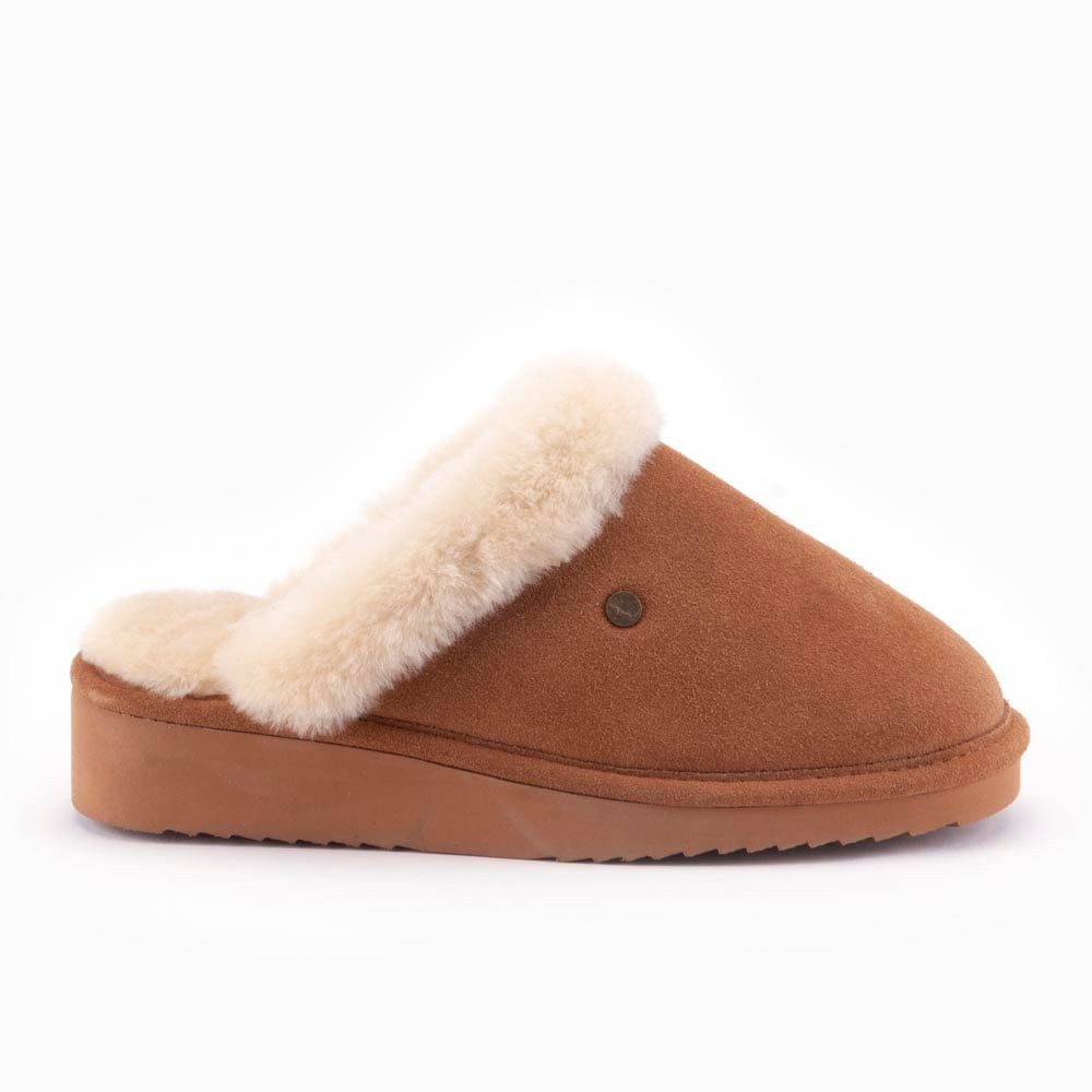 Pantoffel Alice Suede mit Merino Schaffell cognacbraun Damen Hausschuh