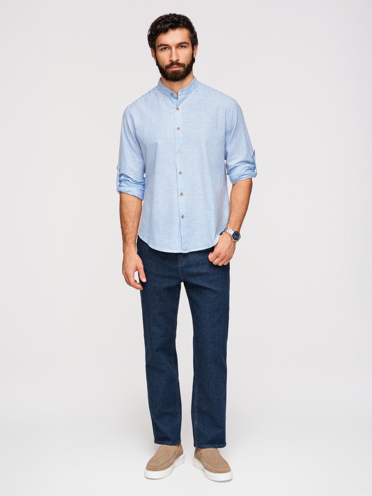 OMBRE Langarmhemd Herren Freizeithemd mit Stehkragen Blau M (kein Set, 1-tlg)