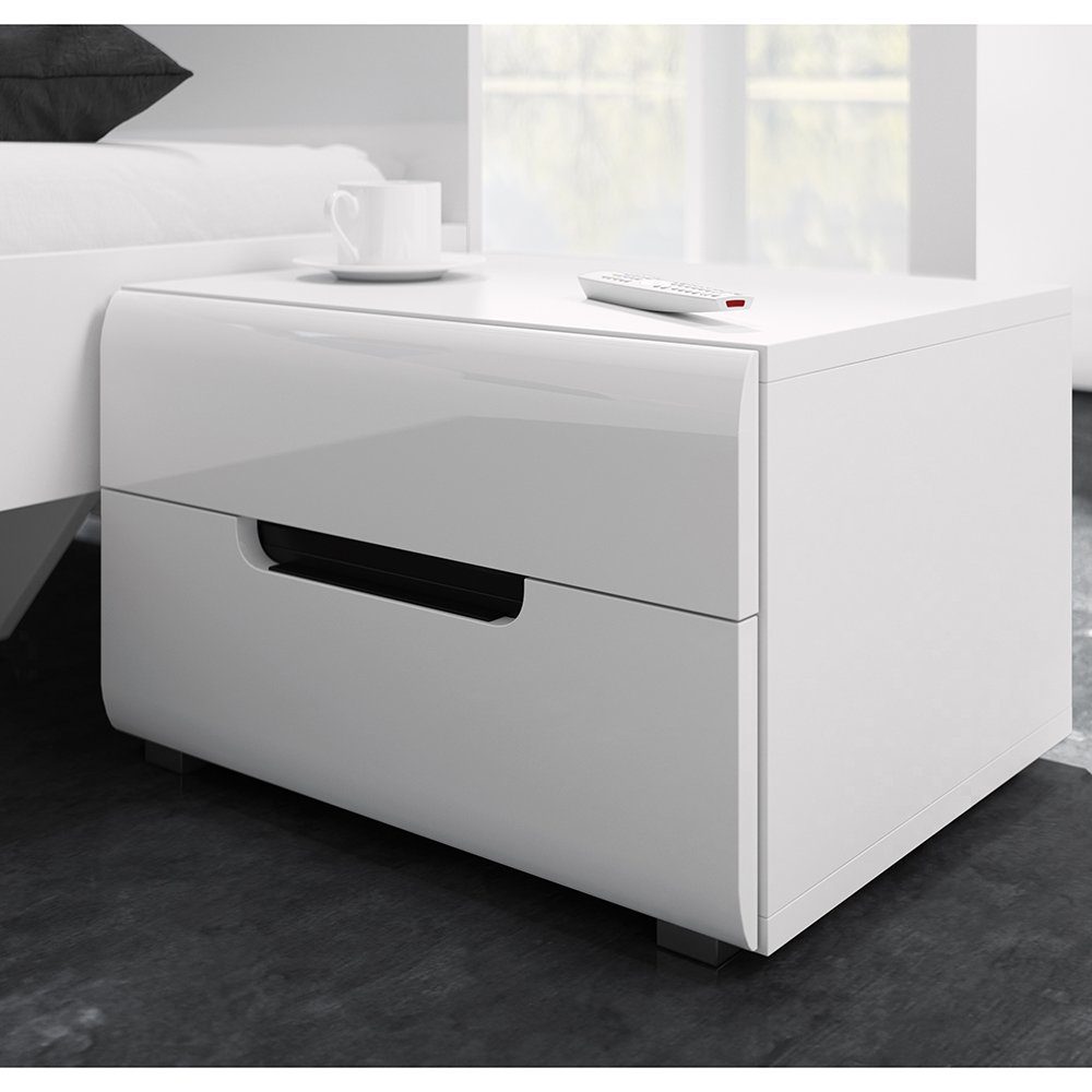 Lomadox Nachtschrank HERNING-83 Schlafzimmer in weiß mit weiß Hochglanz und schwarz, 52/35/44 cm | Nachtschränke
