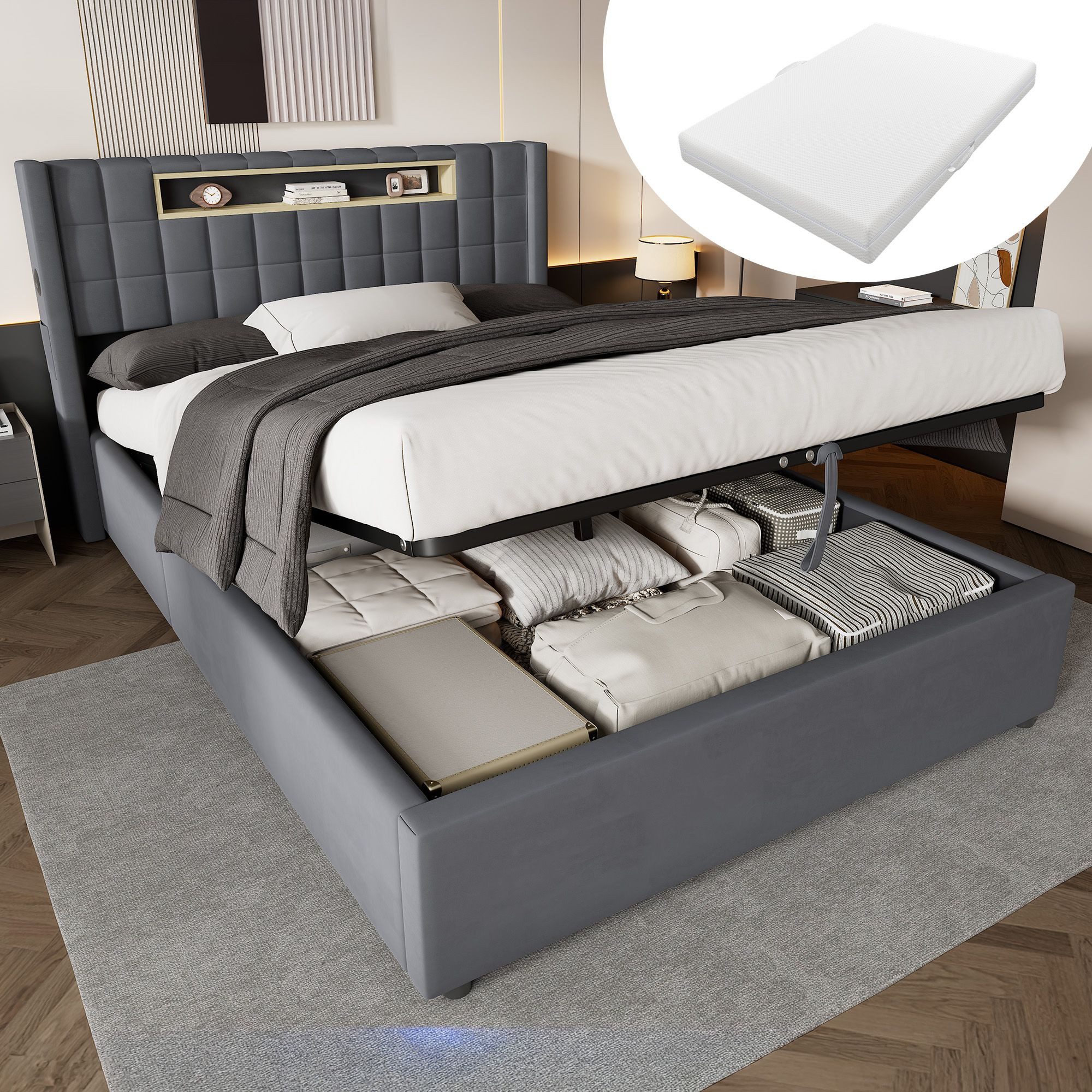 HAUSS SPOLE Polsterbett 140×200 Jugendbett in Grau mit Bettkasten,Stauraum und Matratze (Bettgestell Plattformbett mit Kopfteil und Hebefunktion, mit einer Matratze), Stauraumbett Kinderbett für Schlafzimmer,Gästezimmer