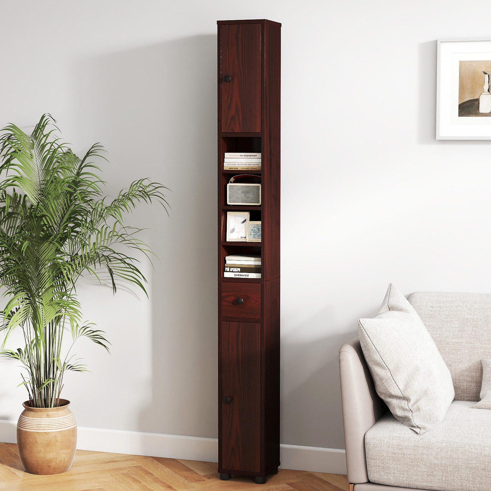COSTWAY Hochschrank Badschrank schmal, verstellbaren Regal 180cm Weiß