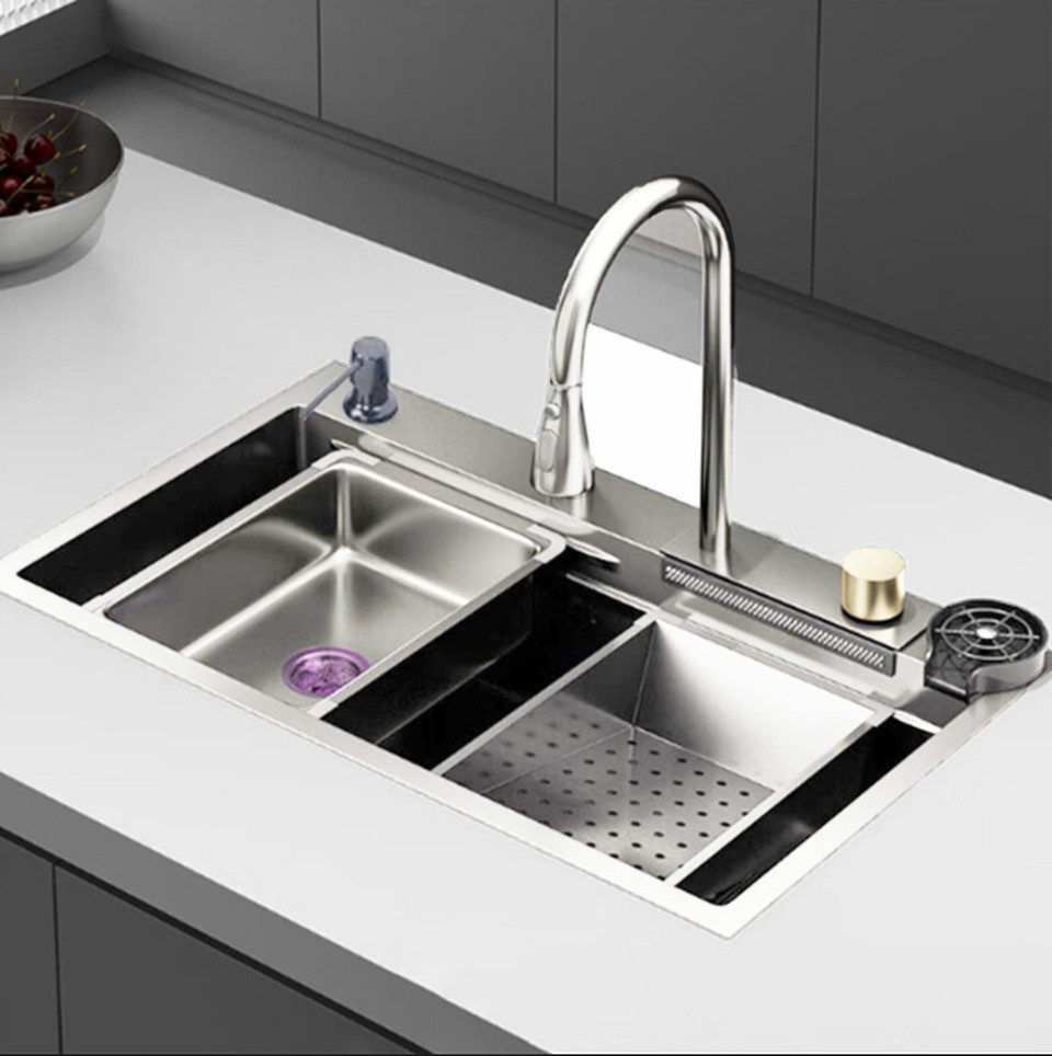 Faizee Home Edelstahlspüle Premium Küchenspüle Viele Farben Wasserfall Küchenarmatur Zubehör Set