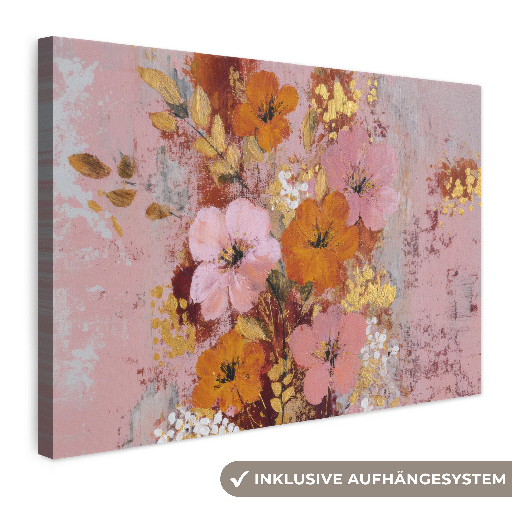 OneMillionCanvasses® Leinwandbild Malerei - Blumen - Rustikal - Rosa, Fotodruck (1 St), Leinwand Bilder Klein, Wand Dekoration Aesthetic 30x20 cm