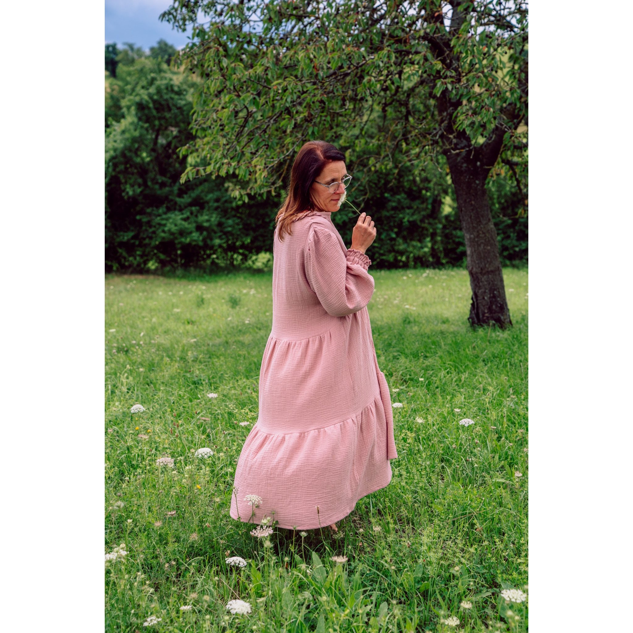 hutch&putch Maxikleid Musselin Kleid Damen Sommerkleid 100% Bio-Baumwolle mit Rüschen Kragen (1-tlg) elastischer Bund - trendige Volants
