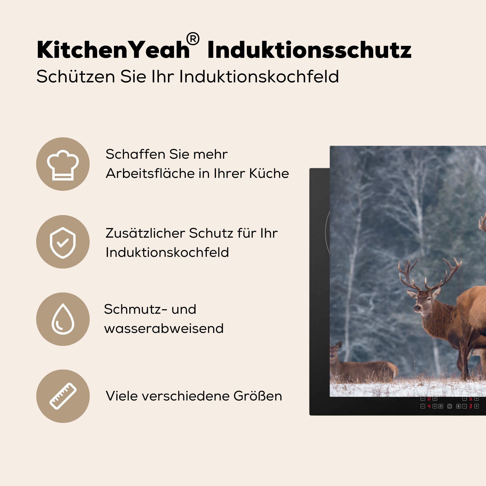MuchoWow Herdblende-/Abdeckplatte Hirsche Natur, tlg), küche, Vinyl, Ceranfeldabdeckung 81x52 - für Induktionskochfeld die - Tiere Schutz cm, (1