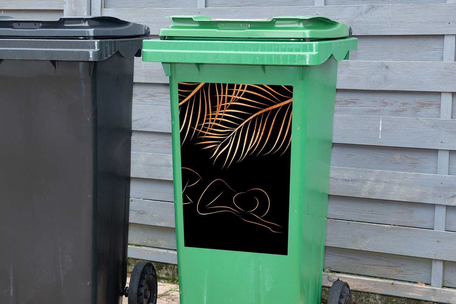 MuchoWow Wandsticker Frau - Blätter Abfalbehälter (1 Mülleimer-aufkleber, - Mülltonne, Strichzeichnung Sticker, St), Gold Container, 
