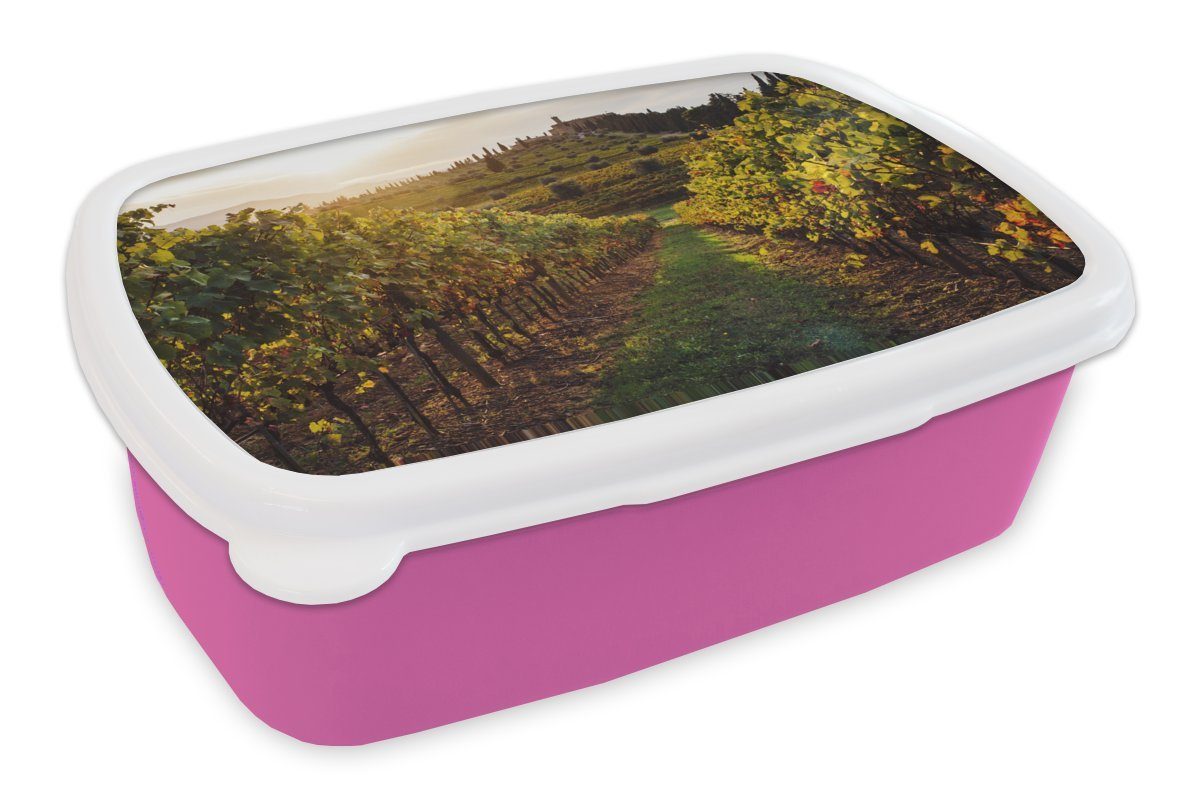 MuchoWow Lunchbox Toskana - (2-tlg), Kinder, Erwachsene, Mädchen, Weinberge, Kunststoff Snackbox, Brotbox Landschaft für Kunststoff, - Brotdose rosa