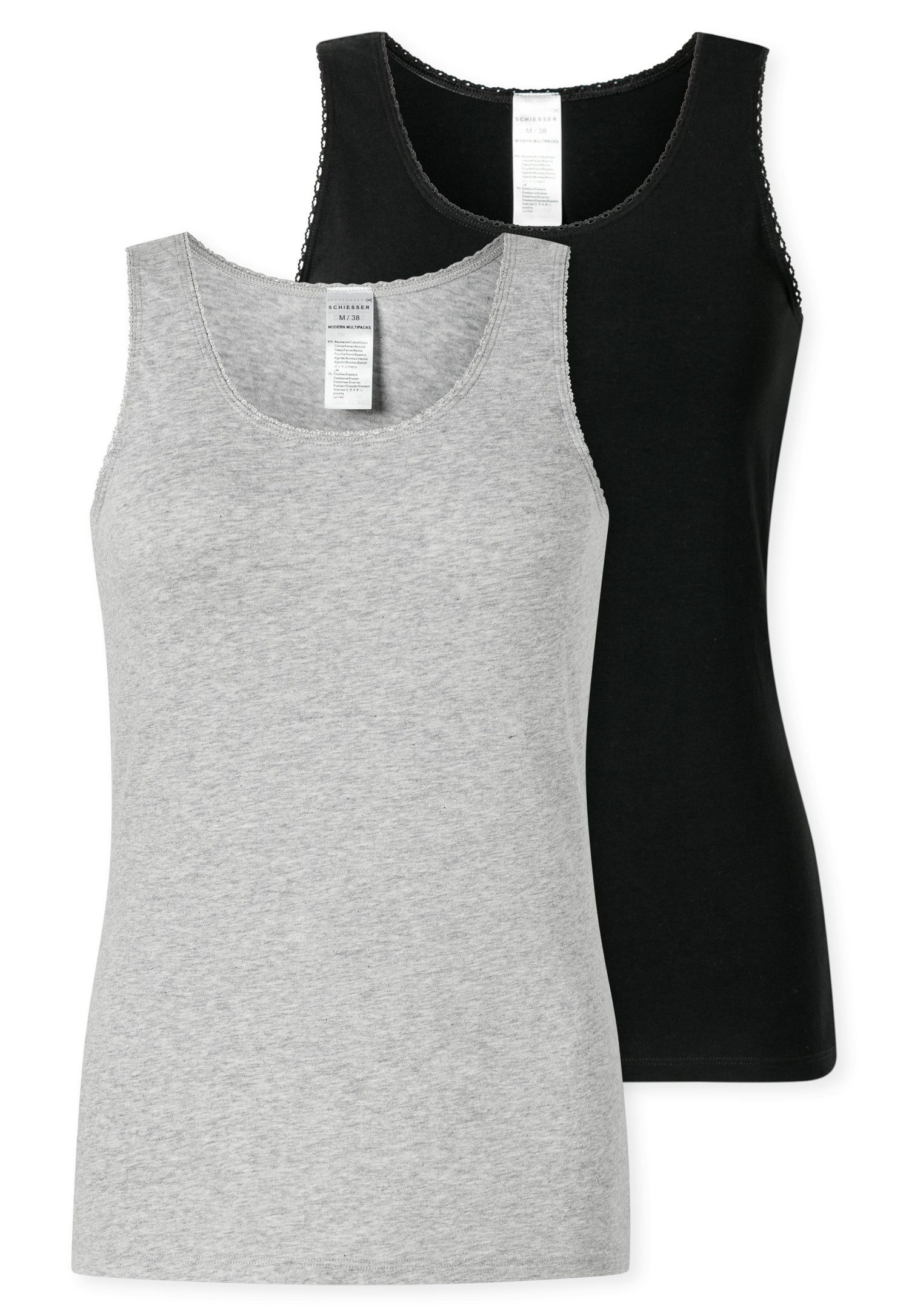 Schiesser Unterhemd Modern Multipacks (2er Pack) mit schmalem Spitzenband, Single Jersey, bequem