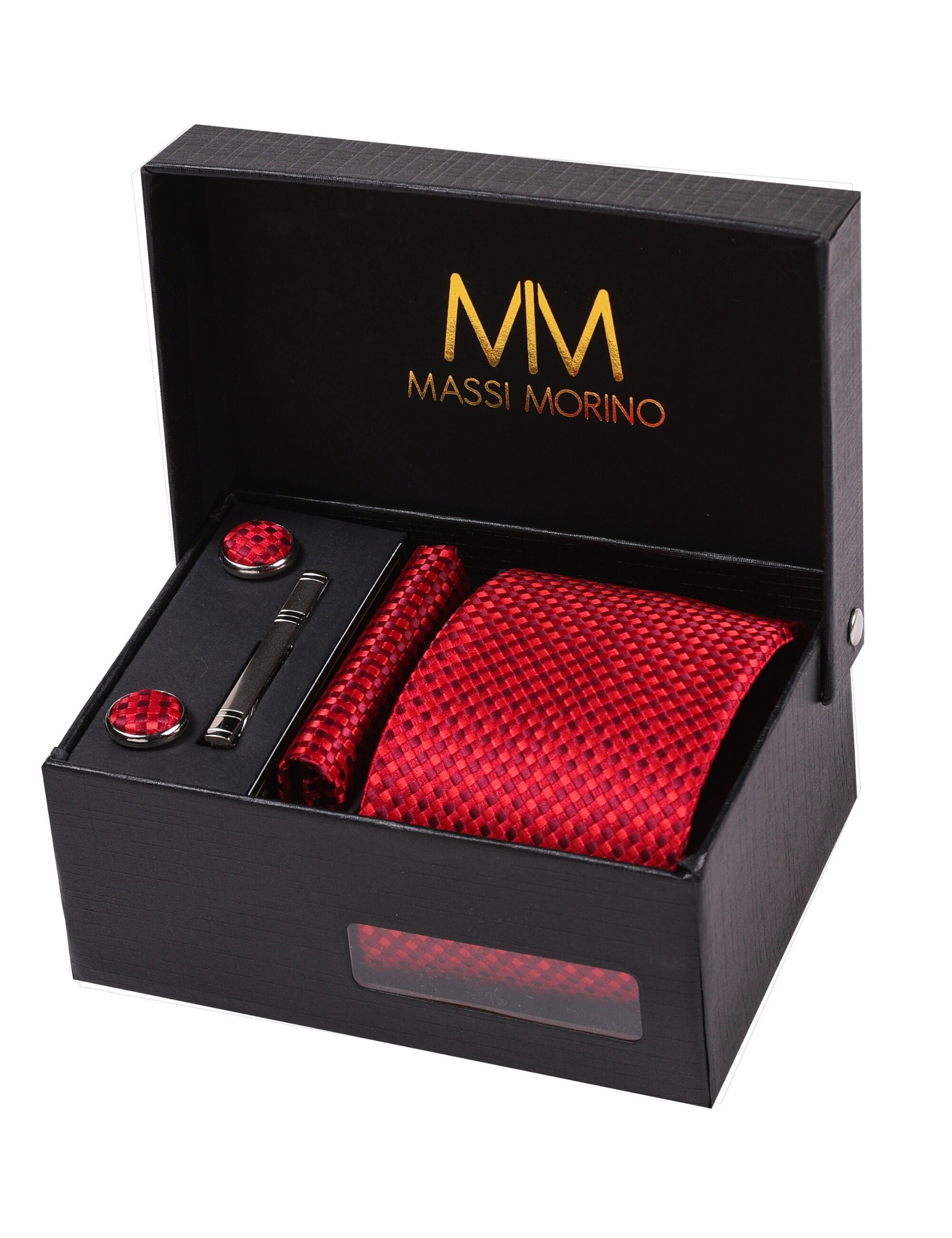 Massi Morino Krawatte (1-St) mit Einstecktuch, Manschettenknöpfen und Krawattenklammer