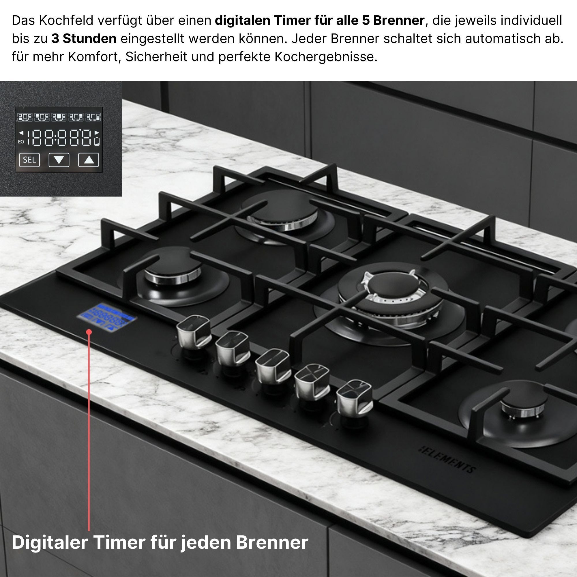 KB Elements Gas-Kochfeld, DIGITALER GAS-STOP-TIMER, MATTE, HITZEBESTÄNDIGE GLASOBERFLÄCHE