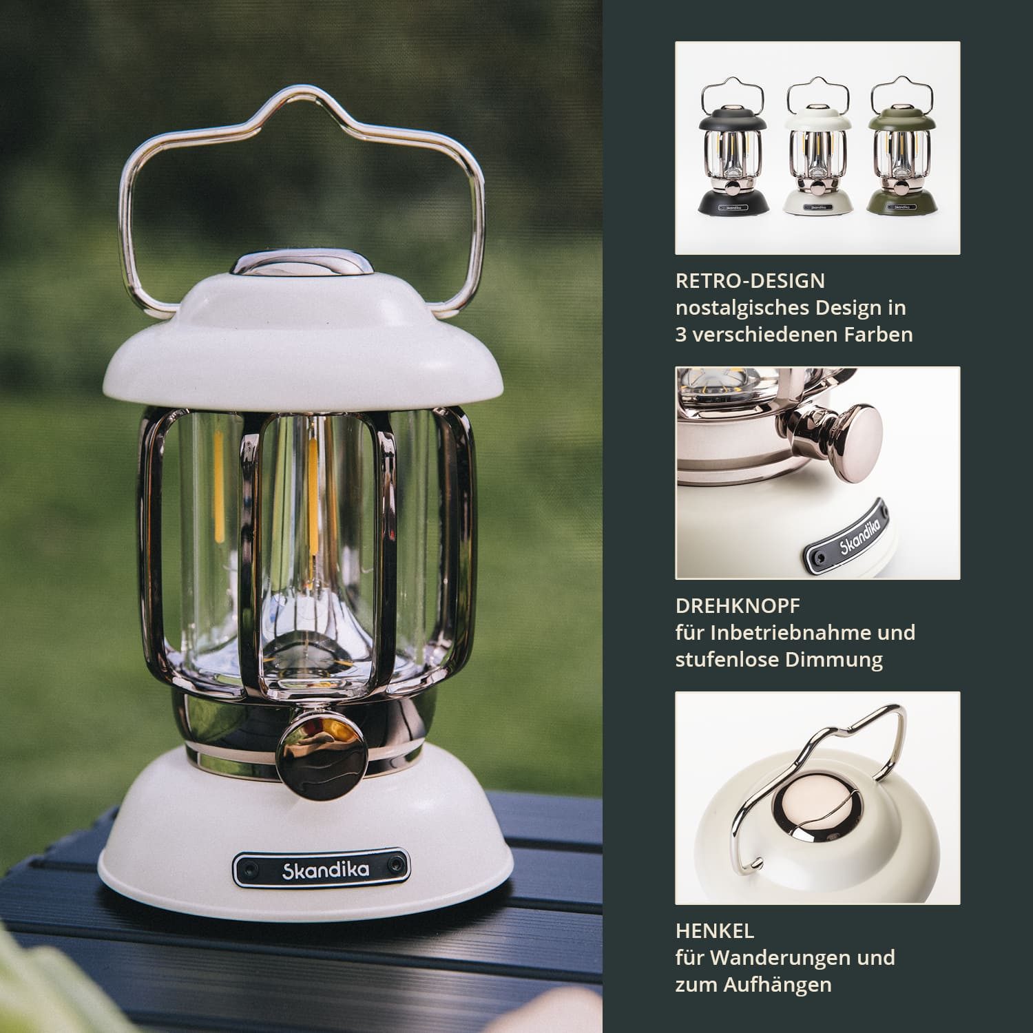 Skandika LED Gartenleuchte Campinglampe Forsol, Retro-Stil, Aufladbar, Tischlampe, Campingleuchte, stufenlos dimmbar, 4400mAh Akku, tragbar, Laterne Warmweiße Lichtfarbe