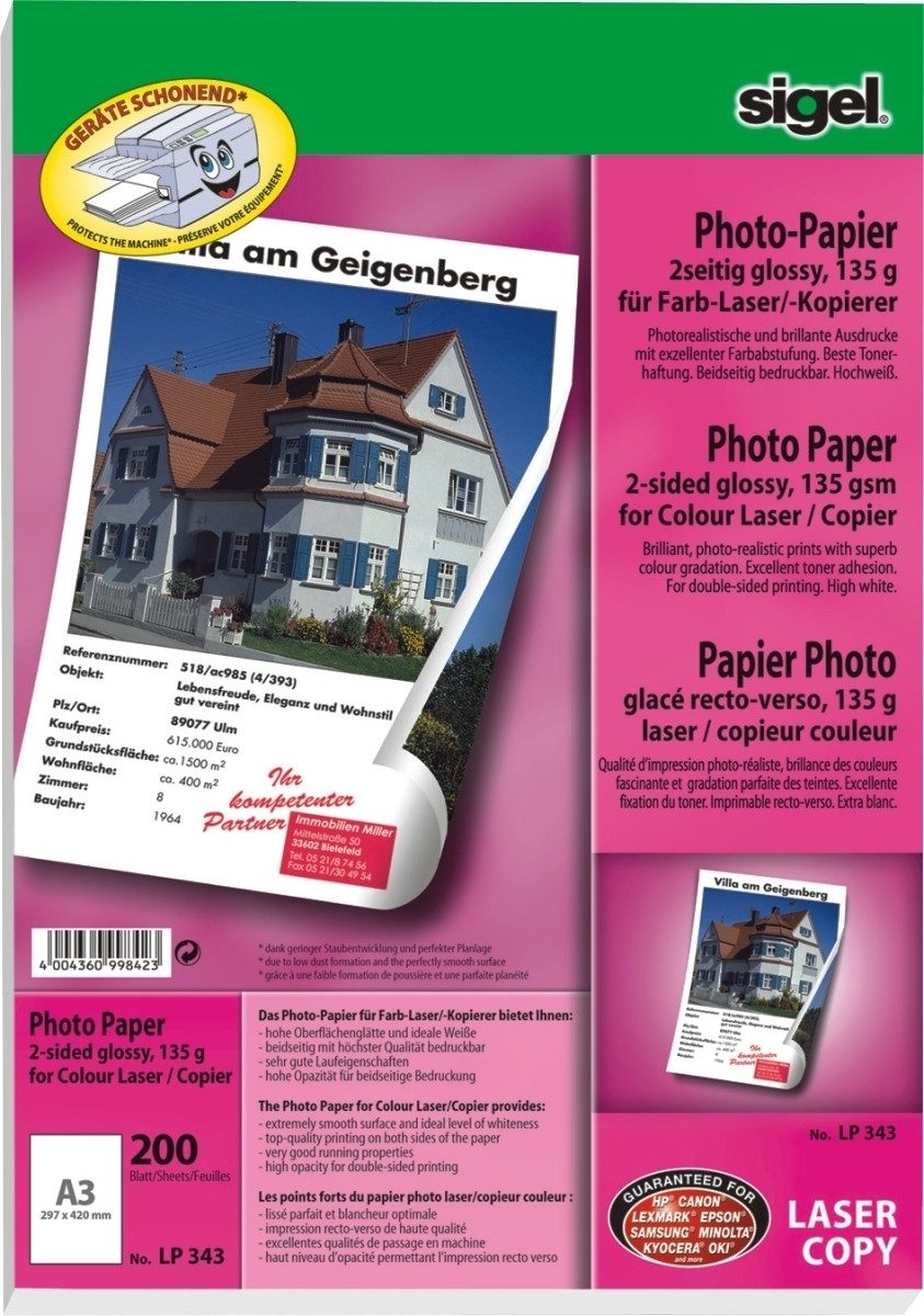 Sigel Kopierpapier Fotopapier A3 Farblaser/Kopier 135g/qm glossy VE=200 Blatt.