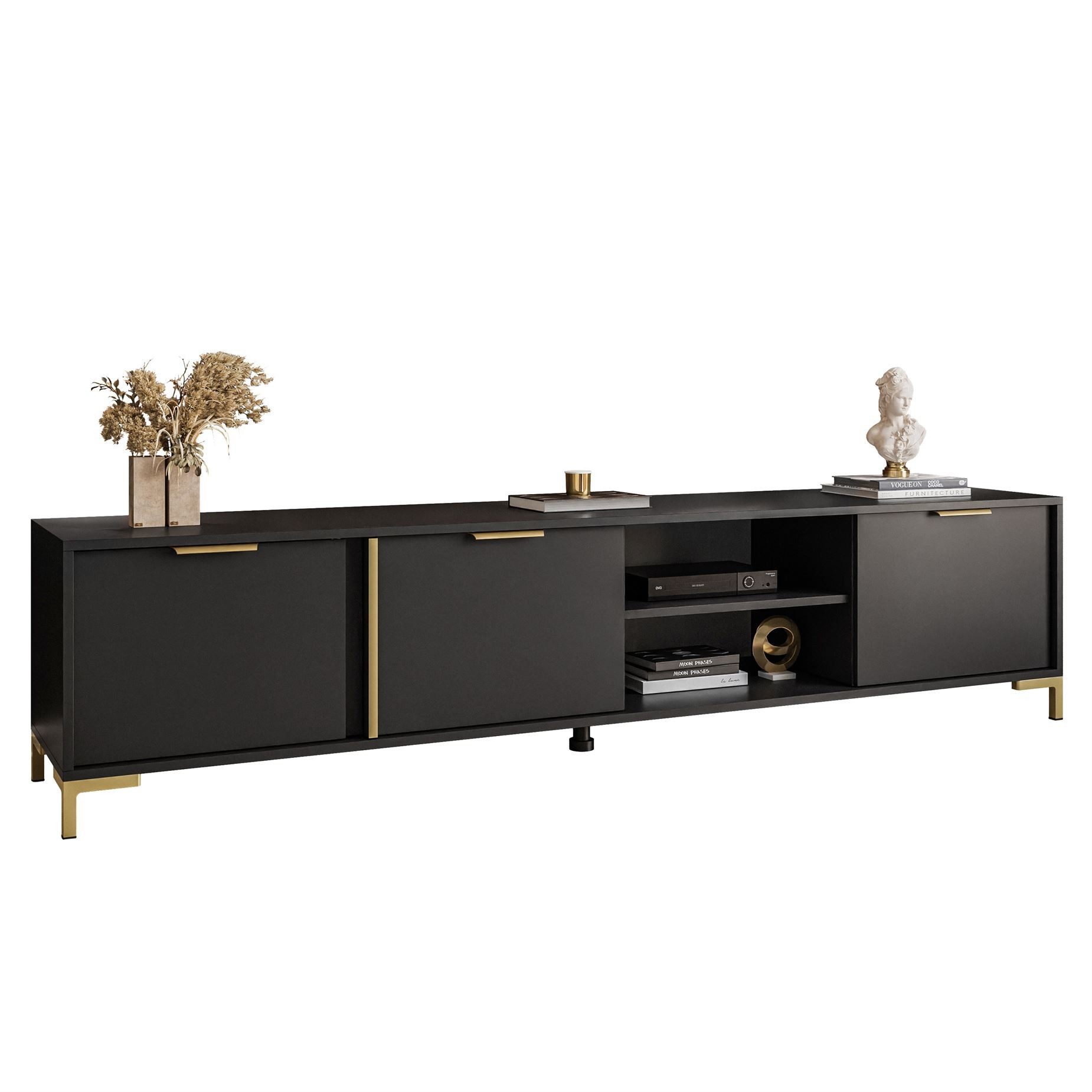 ALLHOUSE24 Lowboard LARA II 203 cm Breite Anthrazit mit goldenen Griffen TV Schrank (1x TV Schrank), Breite 203 cm