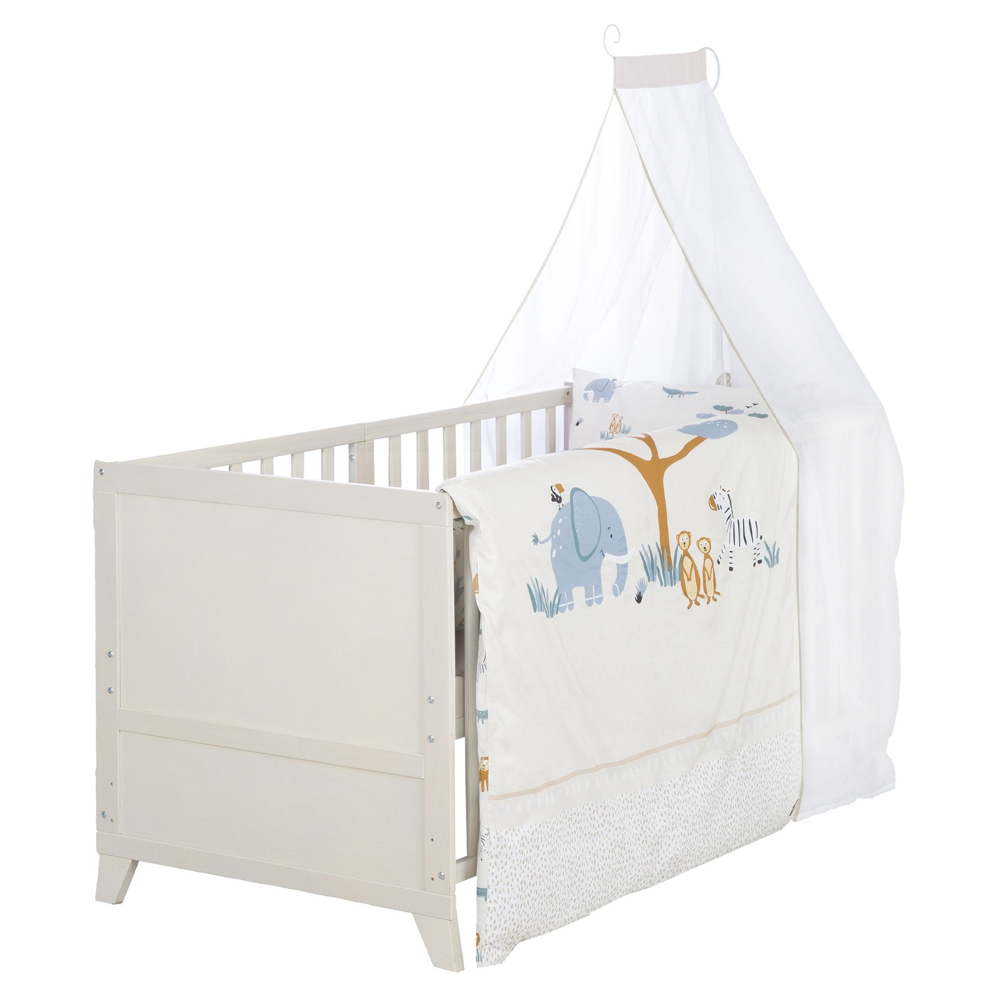 roba® Komplettbett Savanna Friends oder Woodland Buddies 70x140 cm - niedliche Designs, mit Bettwäsche, Himmel & Matratze - Mitwachsendes Babybett - Naturgrau