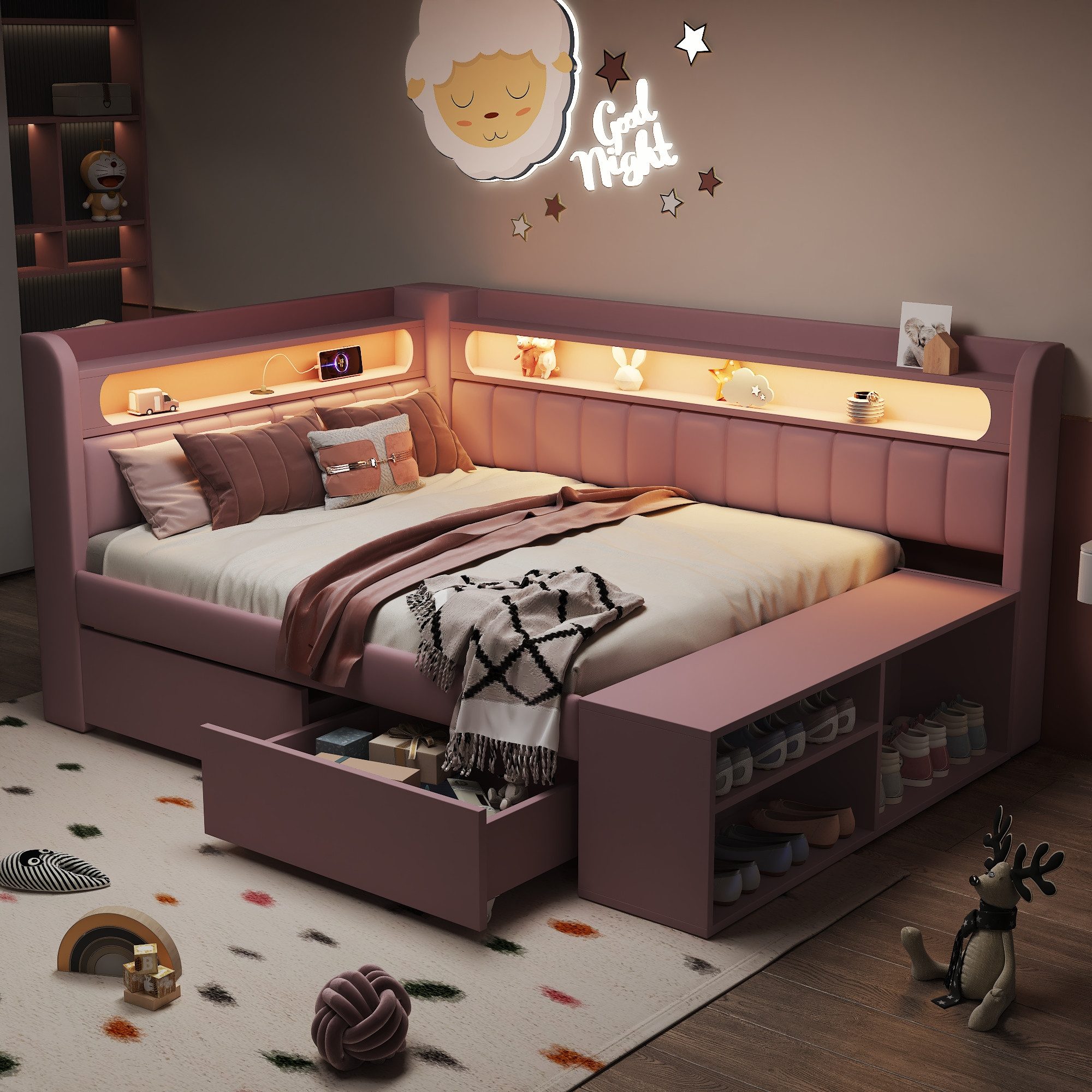 Merax Daybett 90x200cm mit USB-Anschluss & LED-Lichtleiste (Jugendbett Einzelbett Kinderbett, 1 tlg), Schlafsofa Tagesbett mit Schuhschrank, 2 Schubladen & Abla – Bild 4 von 5