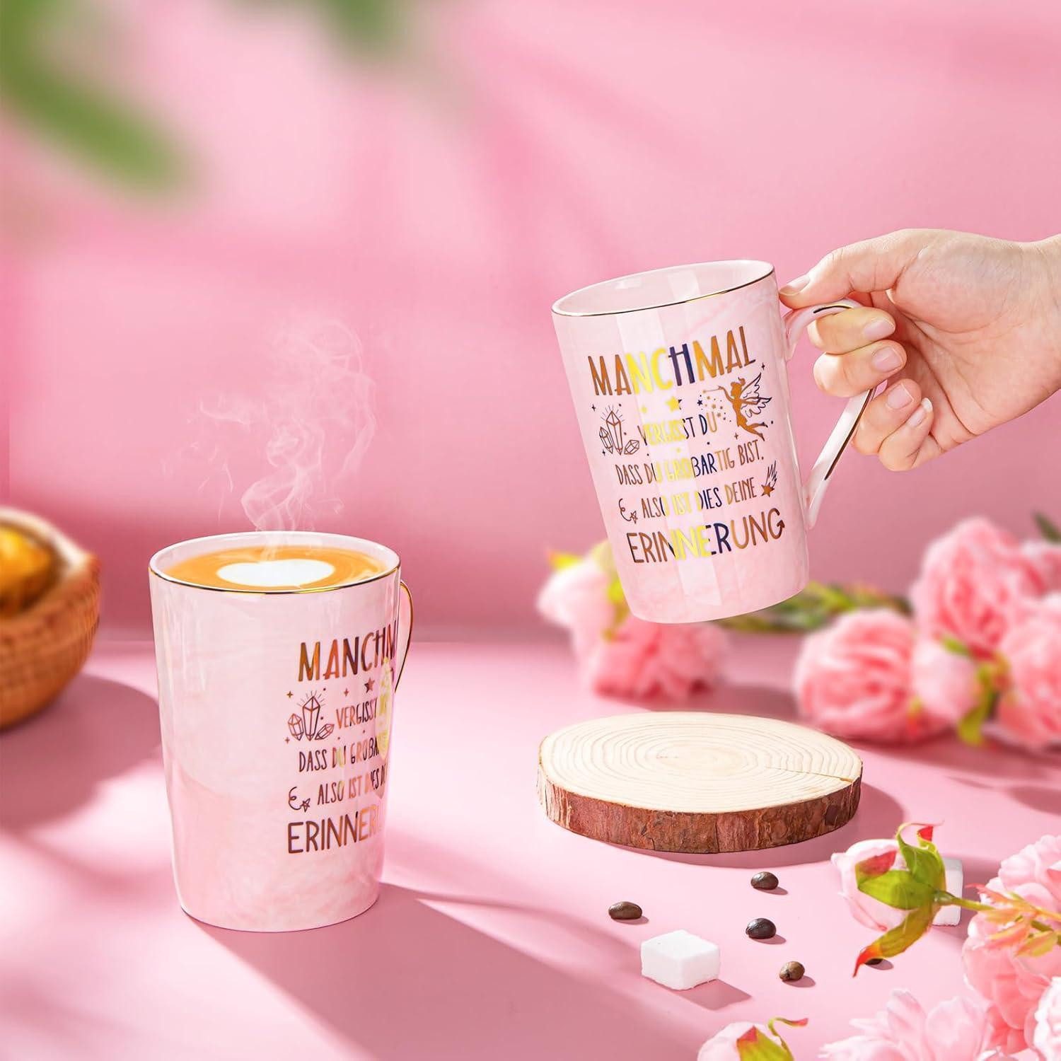 LuxusKollektion Badaccessoire-Set Geschenkset Tasse Marmor Golddruck Deckel Rosa Geschenke für Frauen