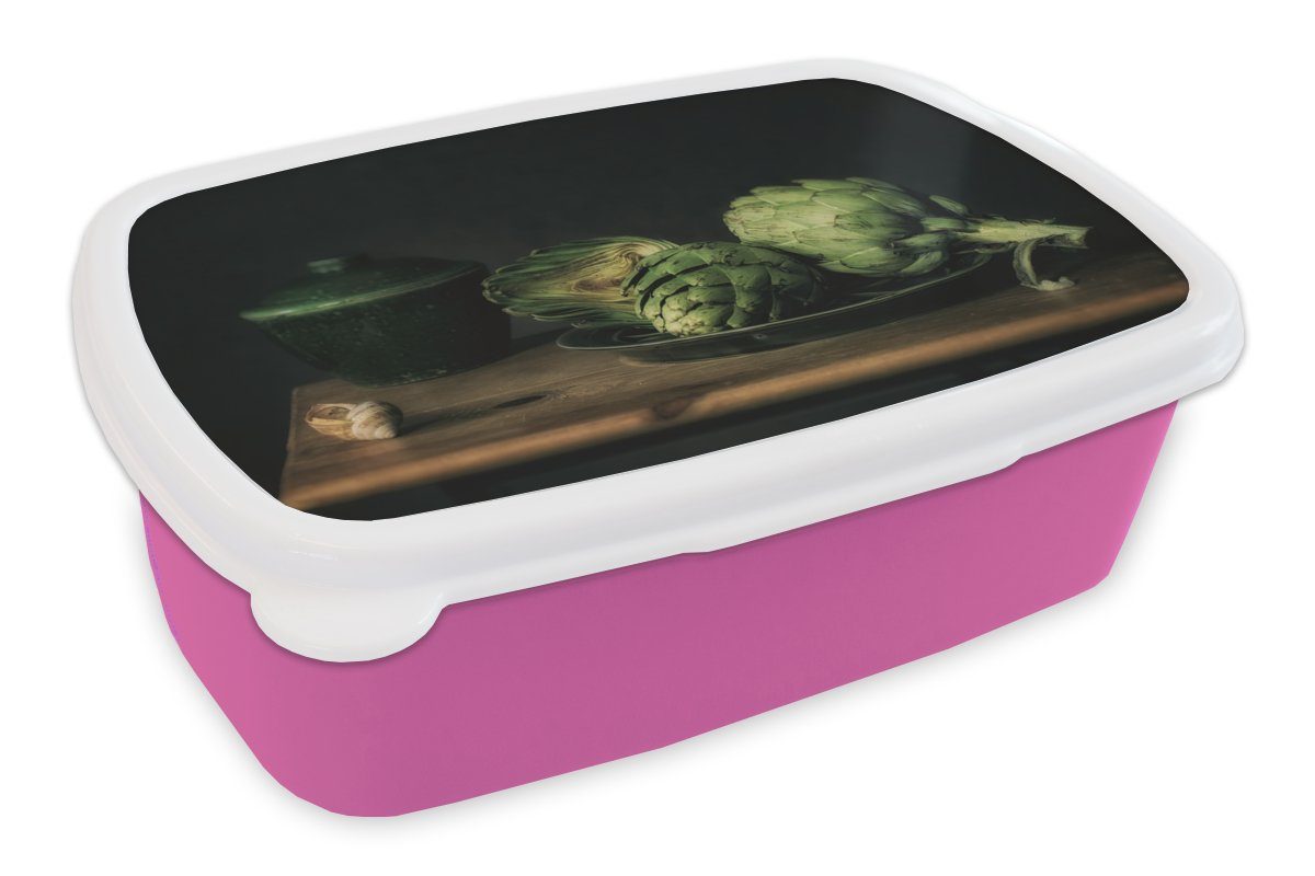 MuchoWow Lunchbox Stilleben - Teller - Artischocke - Malerei, Kunststoff, (2-tlg), Brotbox für Erwachsene, Brotdose Kinder, Snackbox, Mädchen, Kunststoff rosa