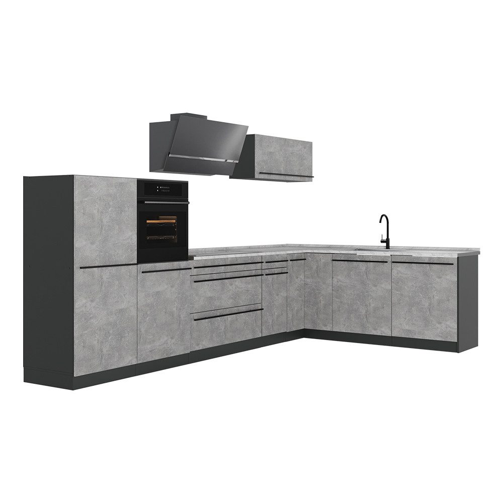 Vicco Winkelküche R-Line, Beton/Anthrazit, 347 x cm Arbeitsplatte Marmor