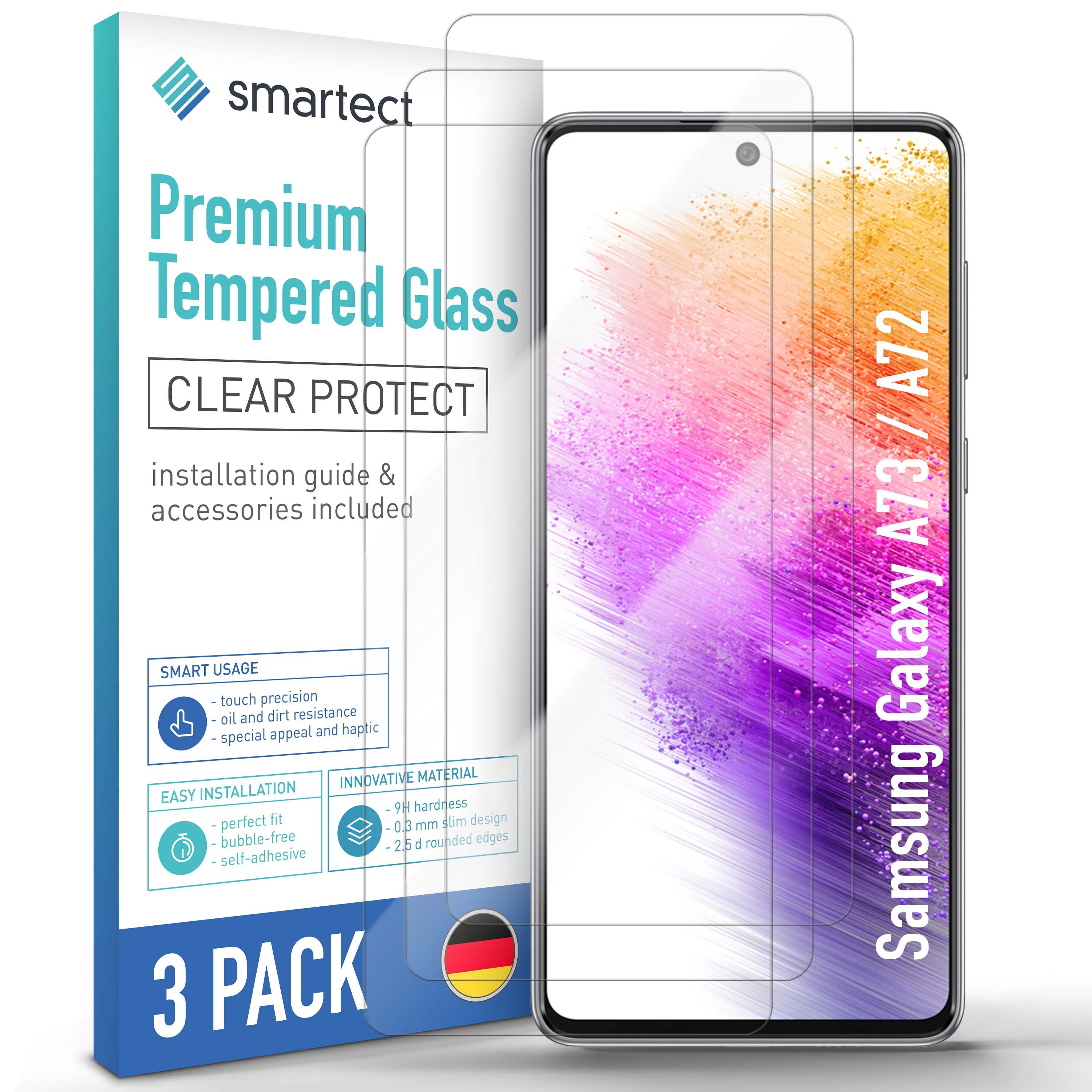smartect Displayschutzglas 3X Schutzglas Panzerfolie Klar für Samsung Galaxy A73 / A72 für Samsung Galaxy A73 / A72, Set, 3 Stück, 0.3 mm Ultra-klar, 9H Härte, Kratzfest, Stoßfest, Blasenfrei, Oleophob