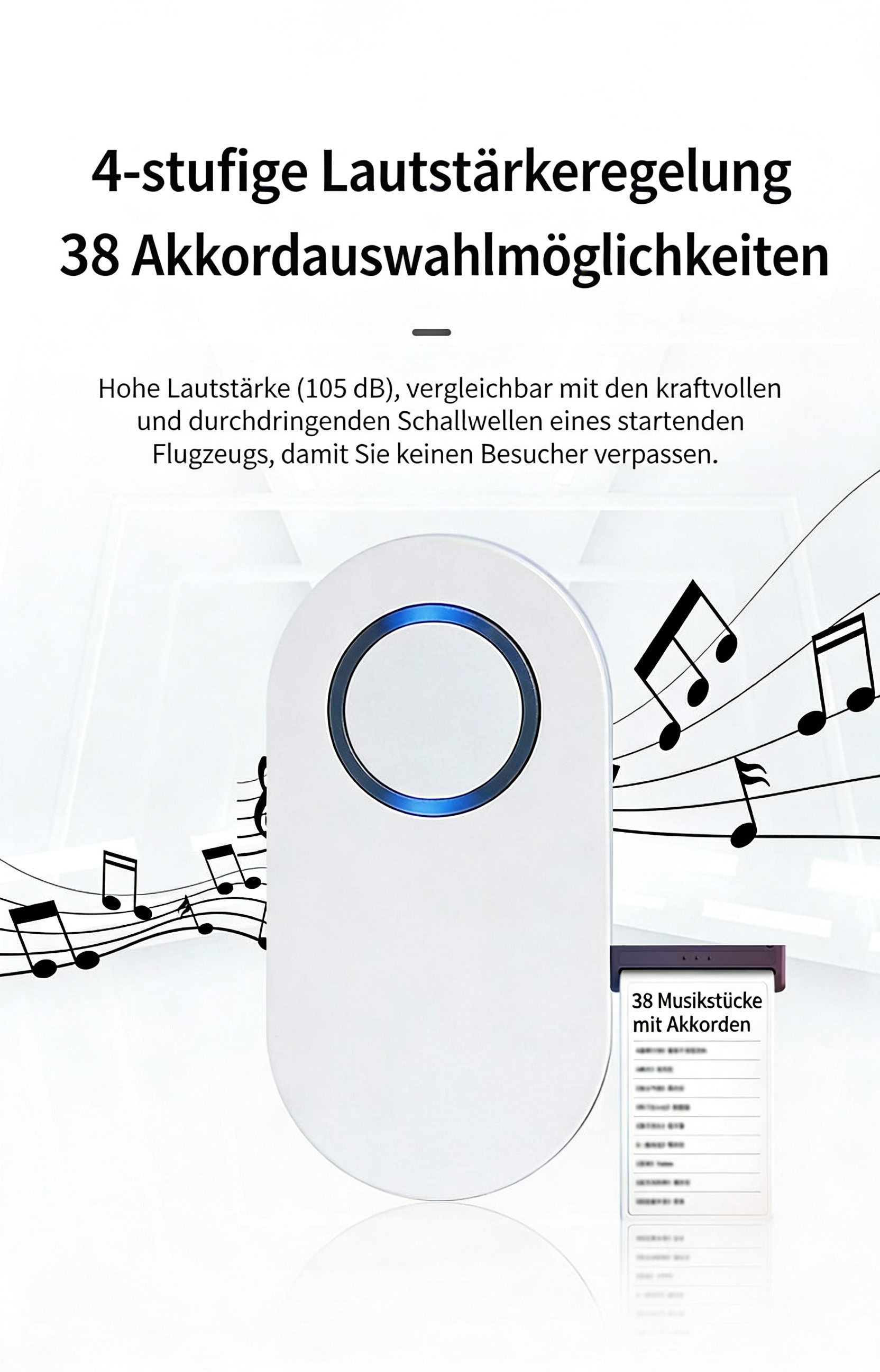 BBG Türklingel-Set Kabellose Funkklingel ohne Batterie, selbstversorgender Türklingel Set, (1 Sender + 2 Empfänger, IP68 wasserdicht, 180m Reichweite), 38 Melodien, 105dB, für Haus & Wohnung