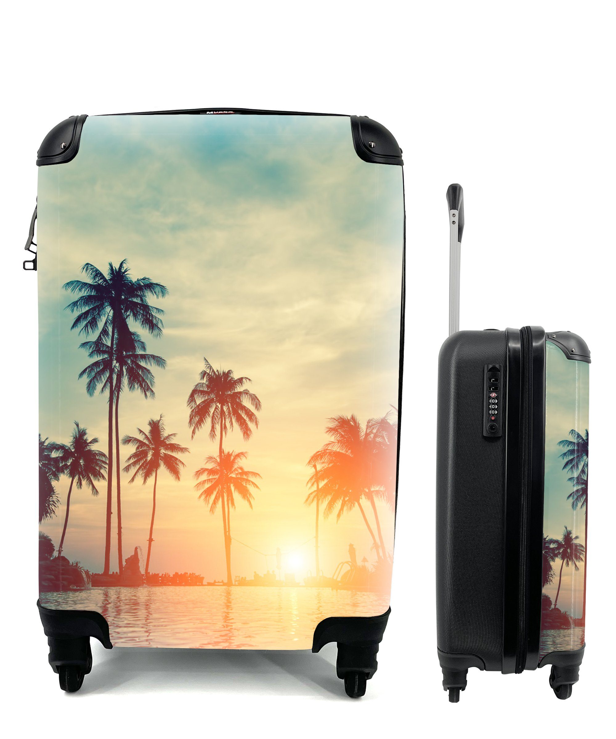 Trolley, Handgepäckkoffer Meer rollen, - Rollen, Ferien, für Reisetasche Handgepäck 4 Reisekoffer Wolken, Palme MuchoWow mit - - Sonnenuntergang