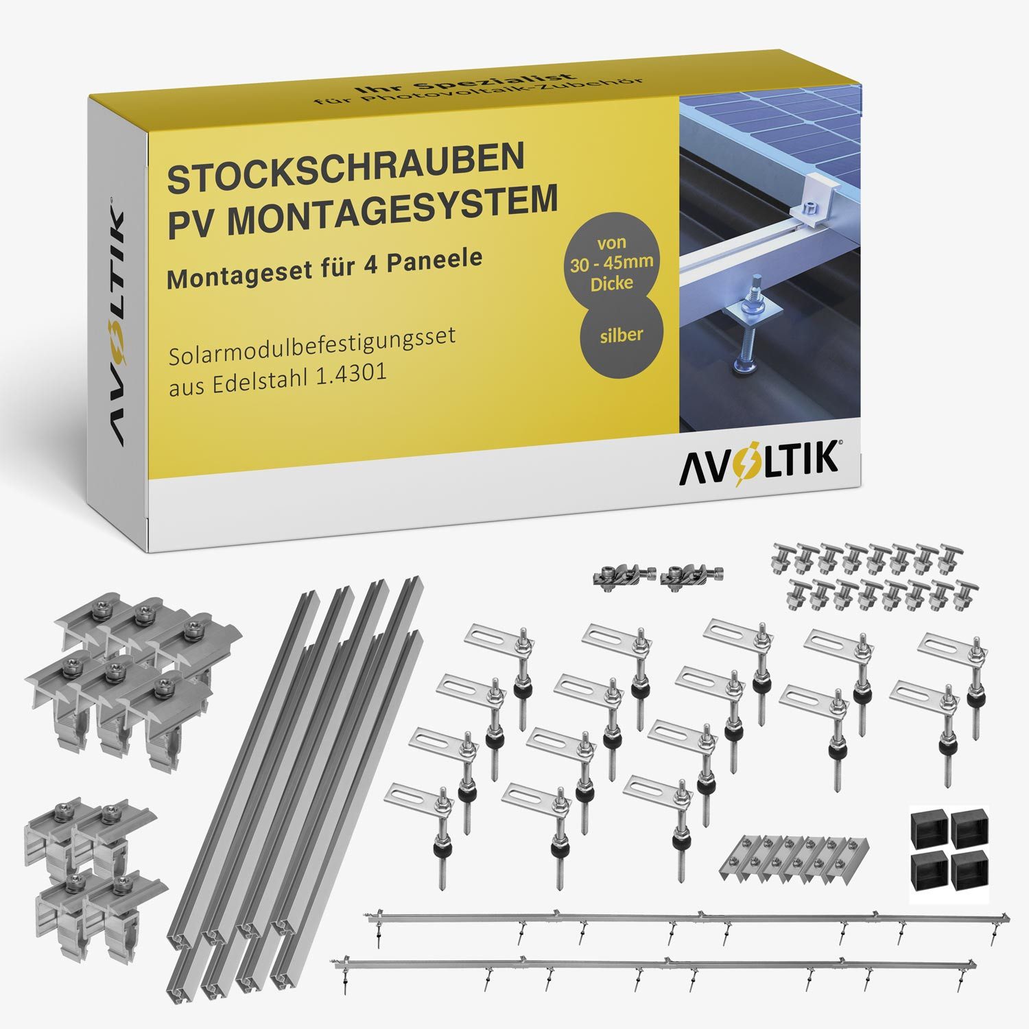 avoltik Solarmodul-Halterung PV Halterung Blechdach Montageset für 2-4 Module, (Blechdach Halterung 200 mm Stockschraube)