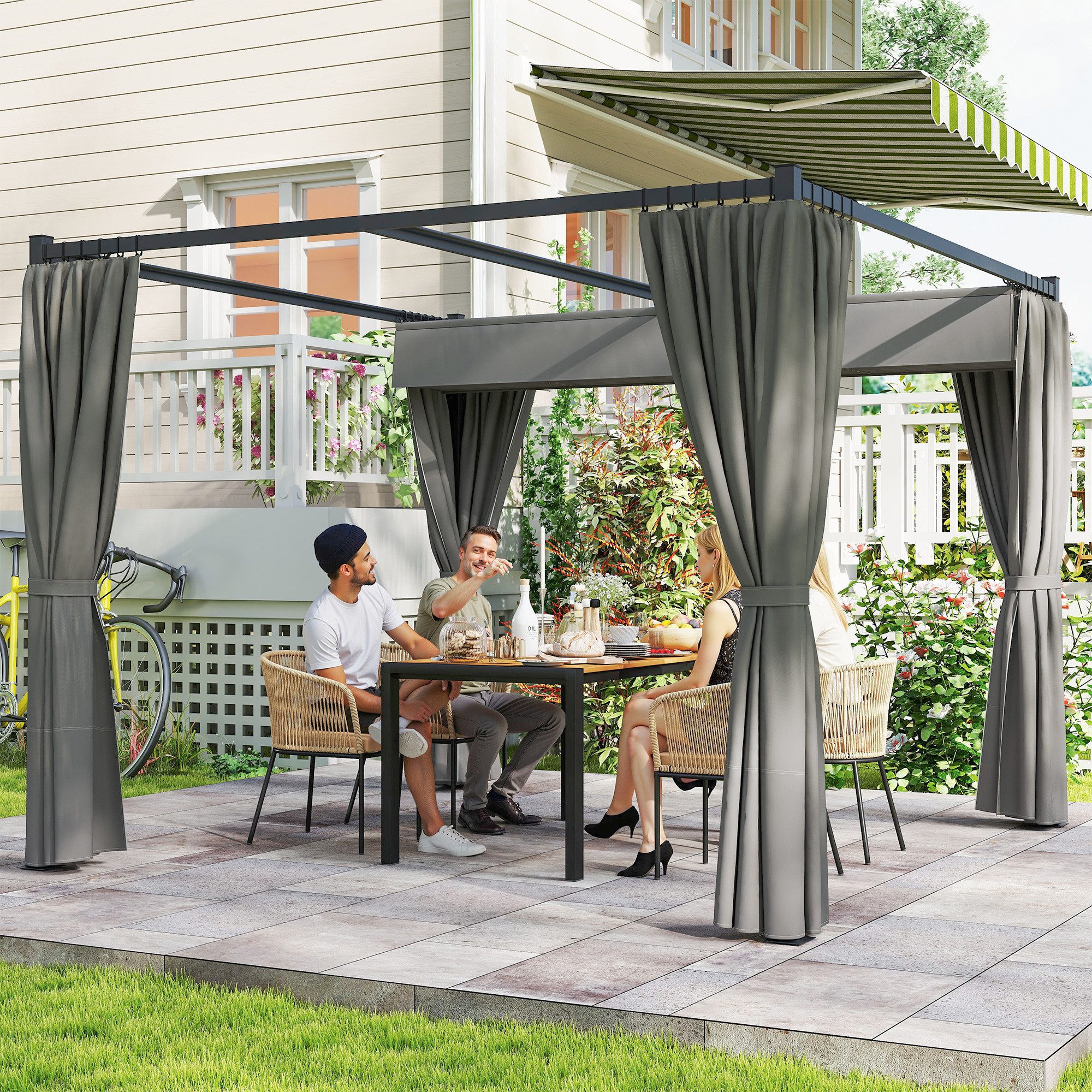 Outsunny Pergola mit Schiebedach, 4 Seitenwände, BxTxH: 300x300x227 cm, (Gartenpavillon, 1-tlg., Terrassenüberdachung), für Terrasse Garten, Hellgrau