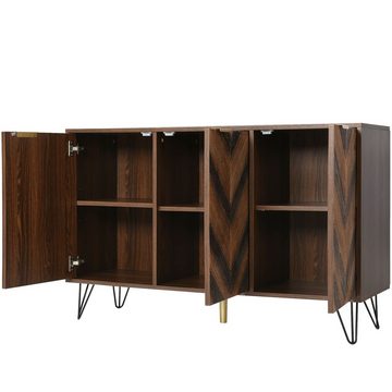 Merax Sideboard mit Fischgrätenmuster Dekor und Eisenfüße, Kommode mit 3 Türen und goldenen Metallgriffe, Highboard Holz, B:120cm