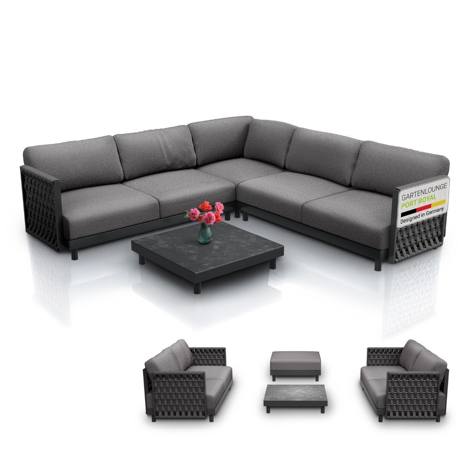 Juskys Gartenlounge-Set Port Royale, (4-tlg), Mit Tisch, Sitzkissen, Rückenkissen, Flechtoptik, wetterfest
