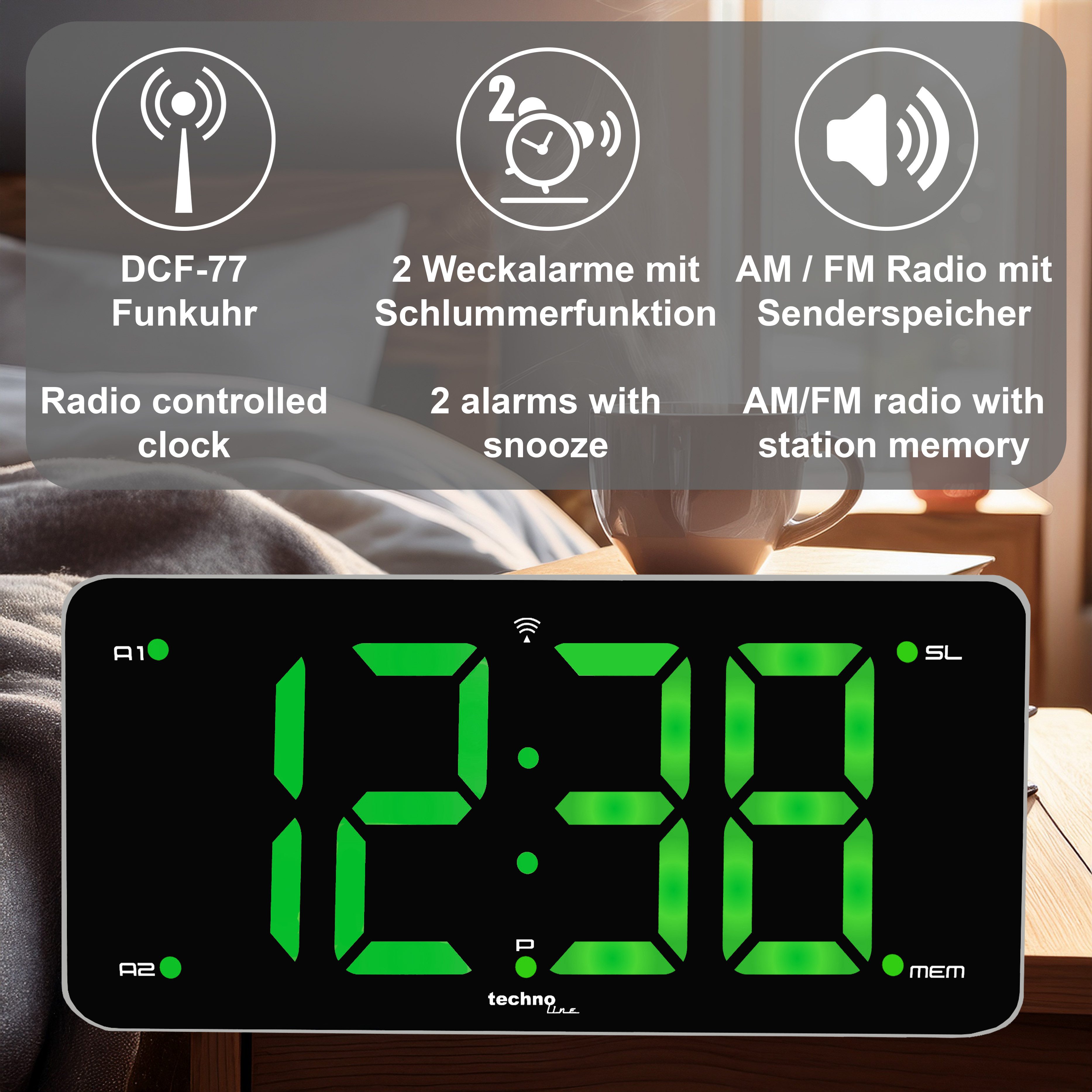 technoline Funk-Radiowecker WT 486 mit größer stufenlos dimmbarer Anzeige