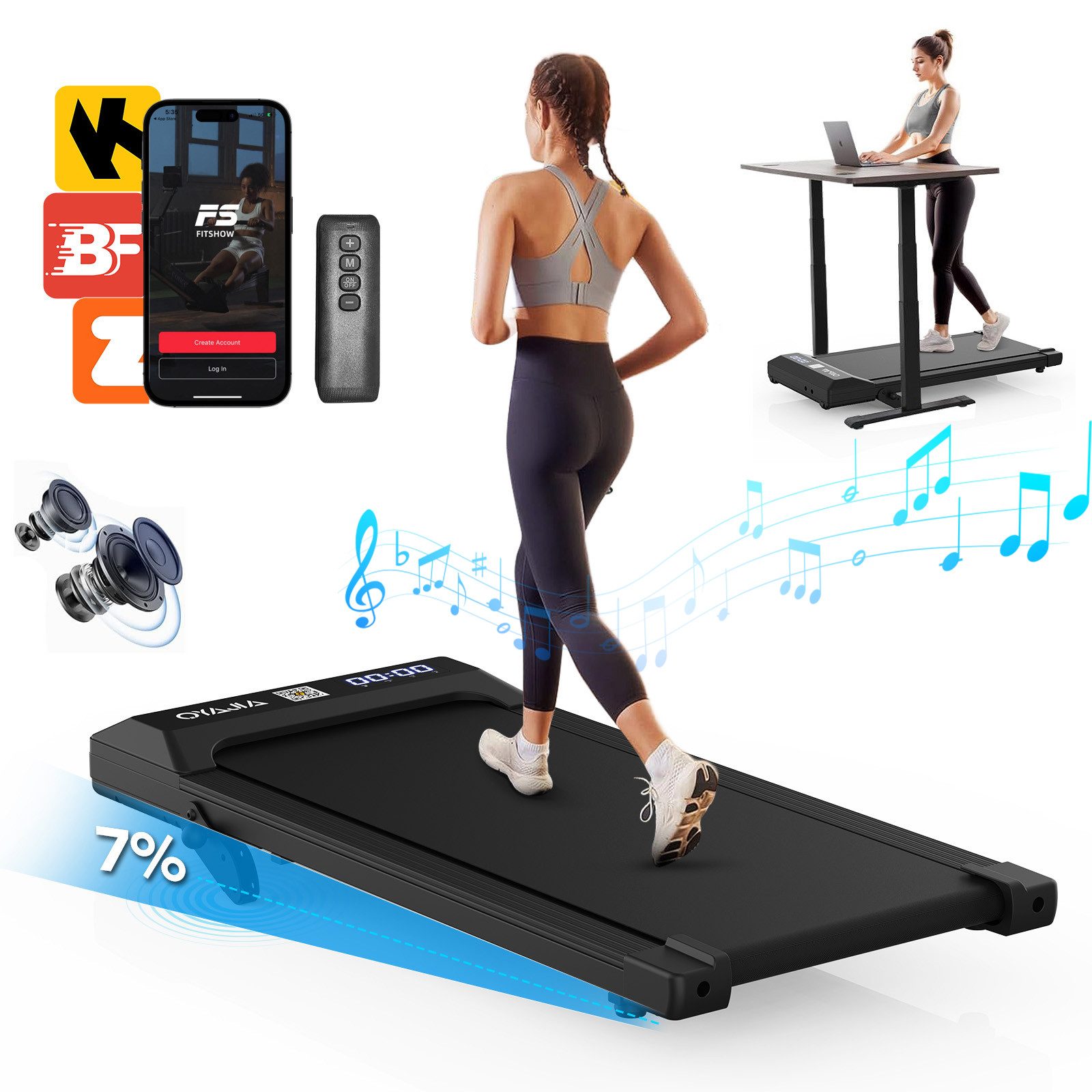 oyajia Laufband Kompaktes Untertisch-Laufband 1–6 km/h mit App & Bluetooth-Musik (7 % Steigung, leiser 2,5-PS-Motor, LED-Display für Zeit/Distanz/Kalorien, Ideal fürs Homeoffice – Walking Pad für Schreibtisch & Kleine Räume), FITSHOW/KINOMAP/ZWIFT Kompatibel,120 kg Belastung
