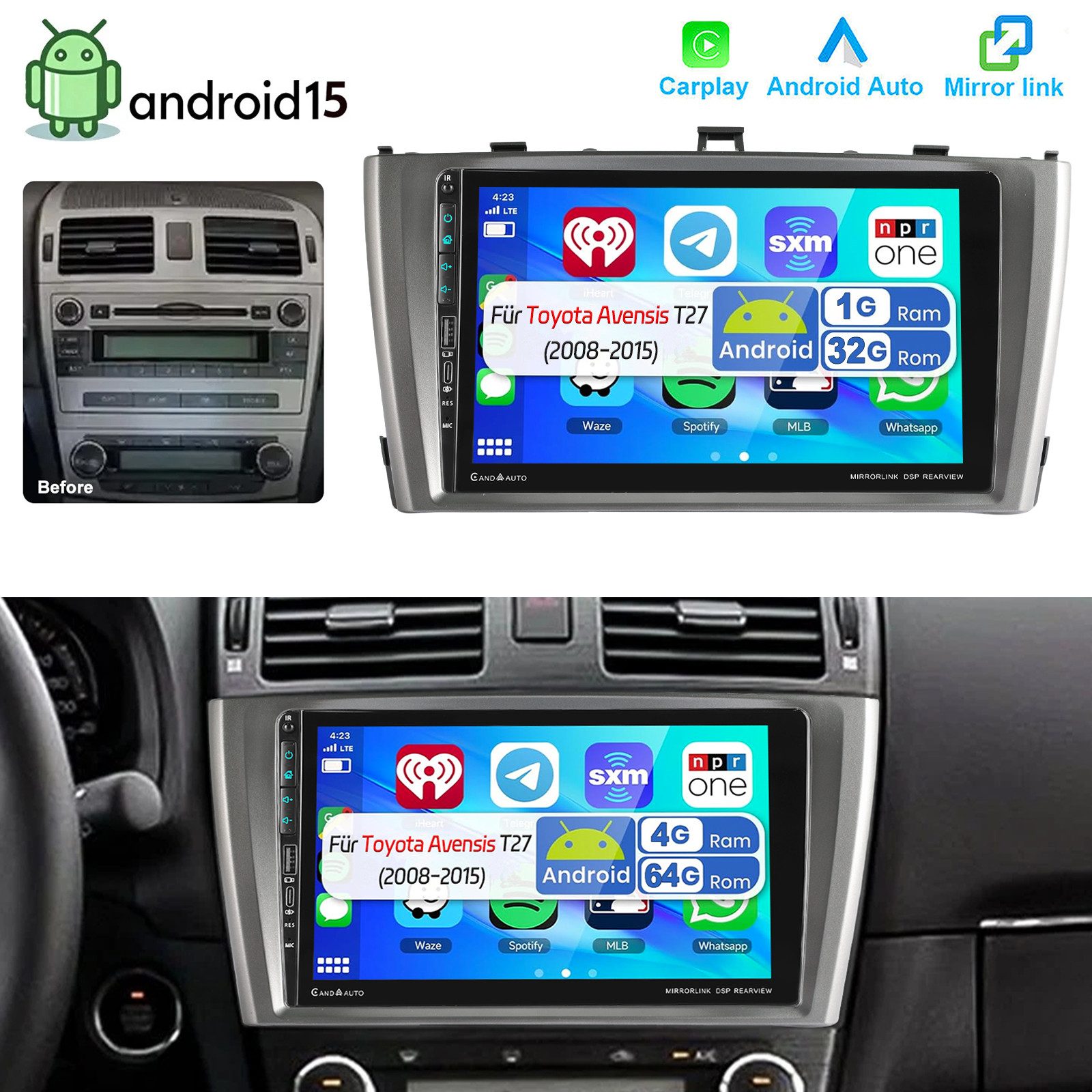 DAB+ Für Toyota Avensis 08-15 Android15 Autoradio Carplay NAVI Mit SUB Autoradio