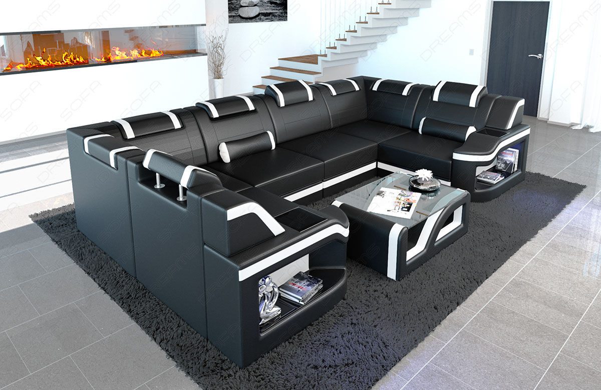 Sofa Dreams Wohnlandschaft Ledersofa Padua U Form Mini, Designersofa, Sofa mit Beleuchtung und USB
