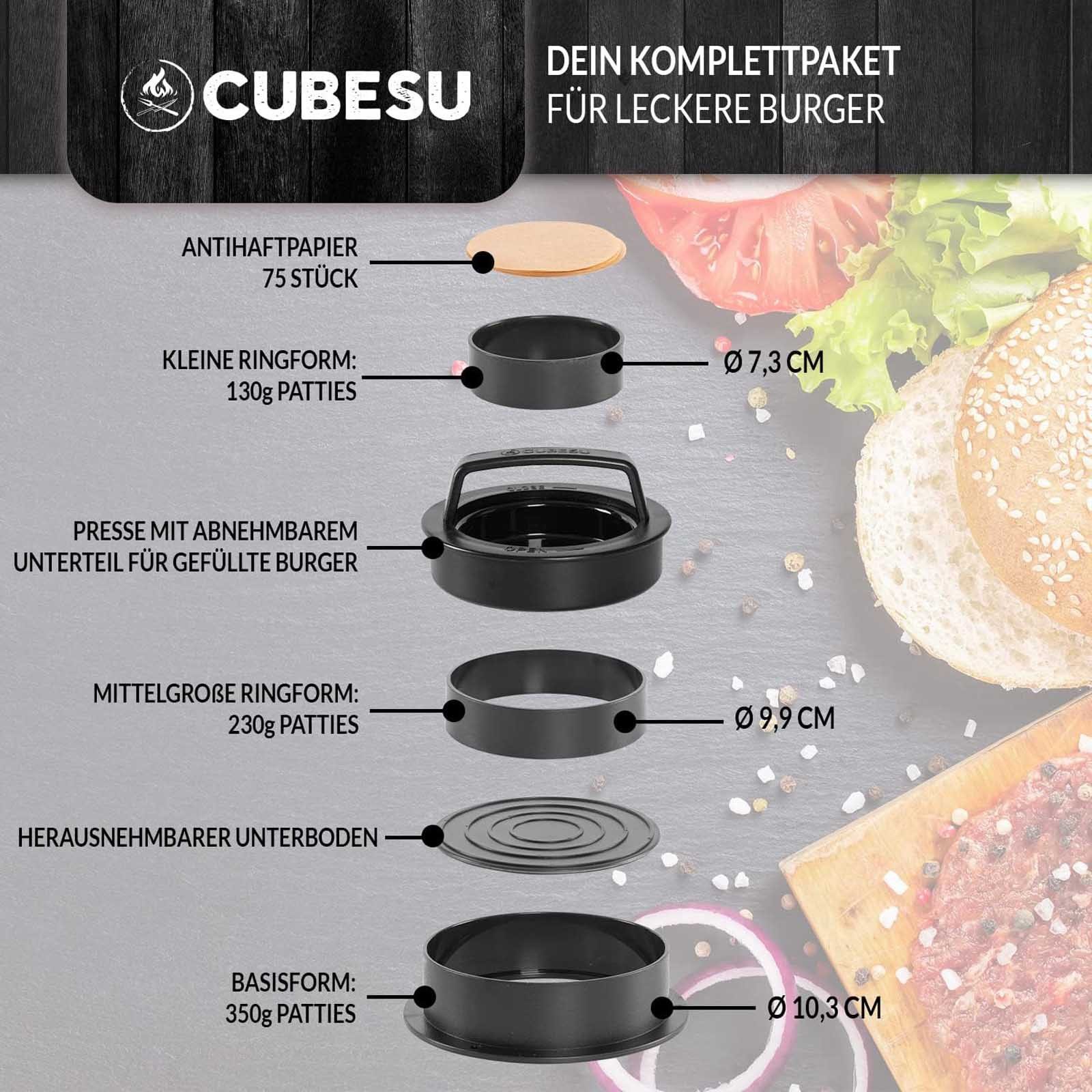 Cubesu Burgerpresse Hamburgerpresse Burger Pattie Presse (1 St), Kunststoff, 3 Größen inkl. 75 Blatt Backpapier auch für gefüllte Patties