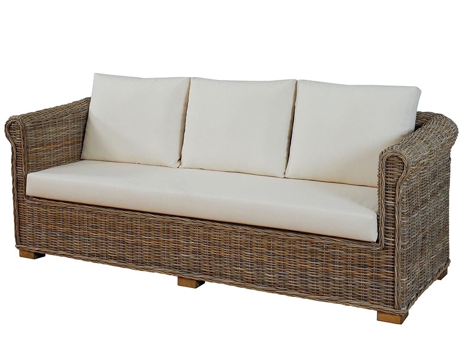 Krines Home Loungesofa Wohnzimmer-Sofa Nizza aus echtem, ungeschältem Rattan Lounge-Sofa, Dreisitzer mit Polster