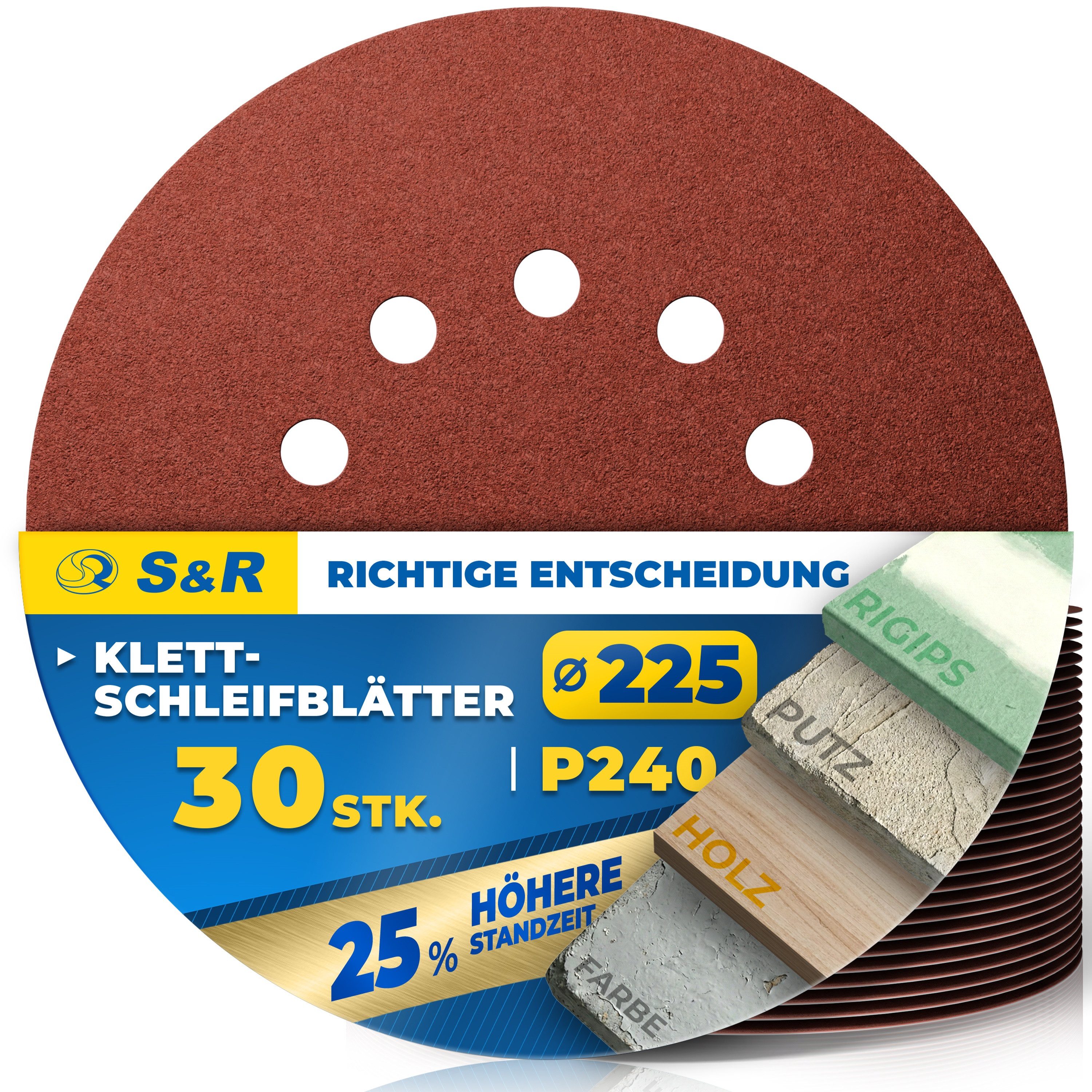 Schleifpapier S&R Schleifpapier 225mm Klett P240, 10 Loch, Schleifgiraffe, 30-tlg