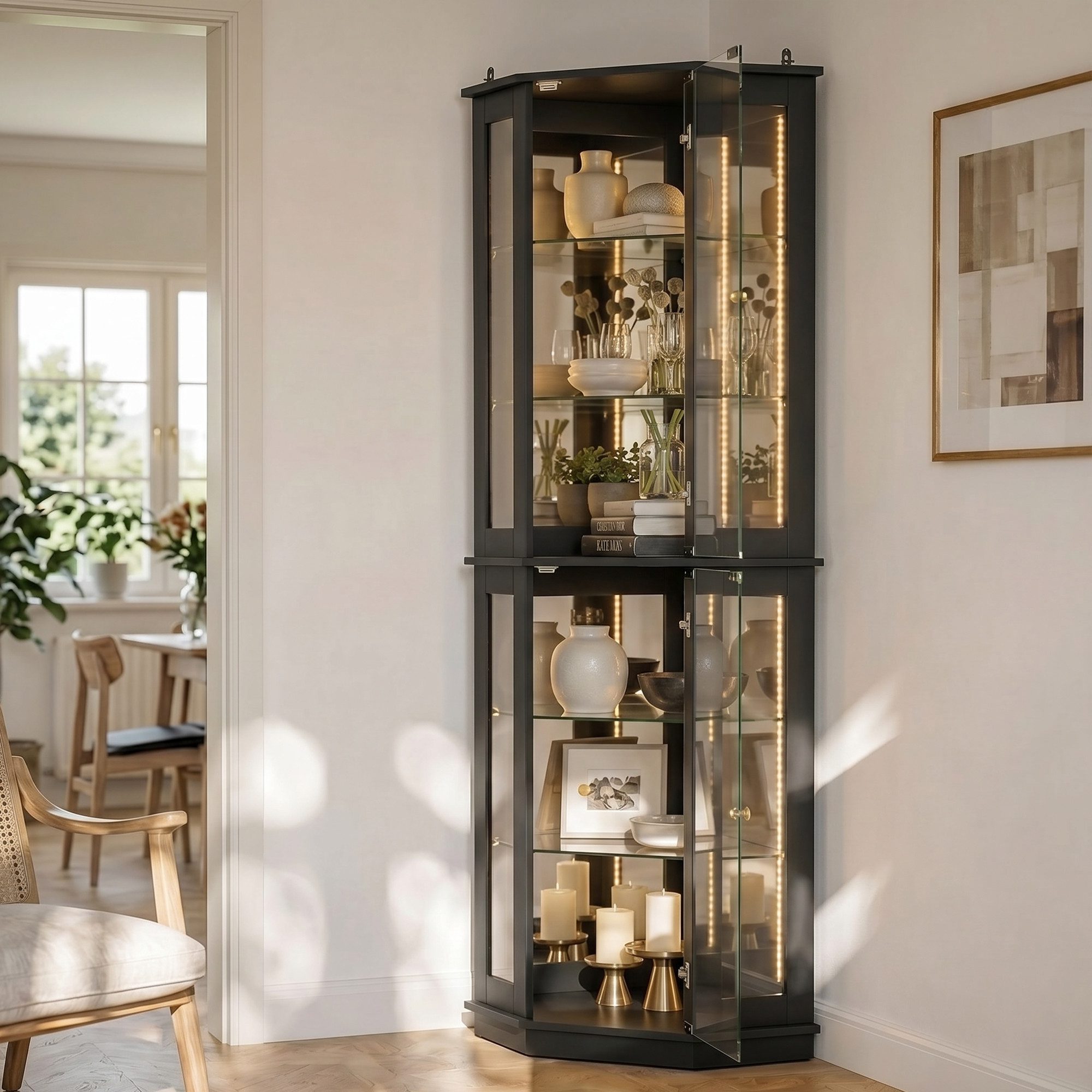 FUFU&GAGA Eckvitrine 170cm mit LED-Beleuchtung und Spiegel-Rückwand Glasvitrine, Schwarz