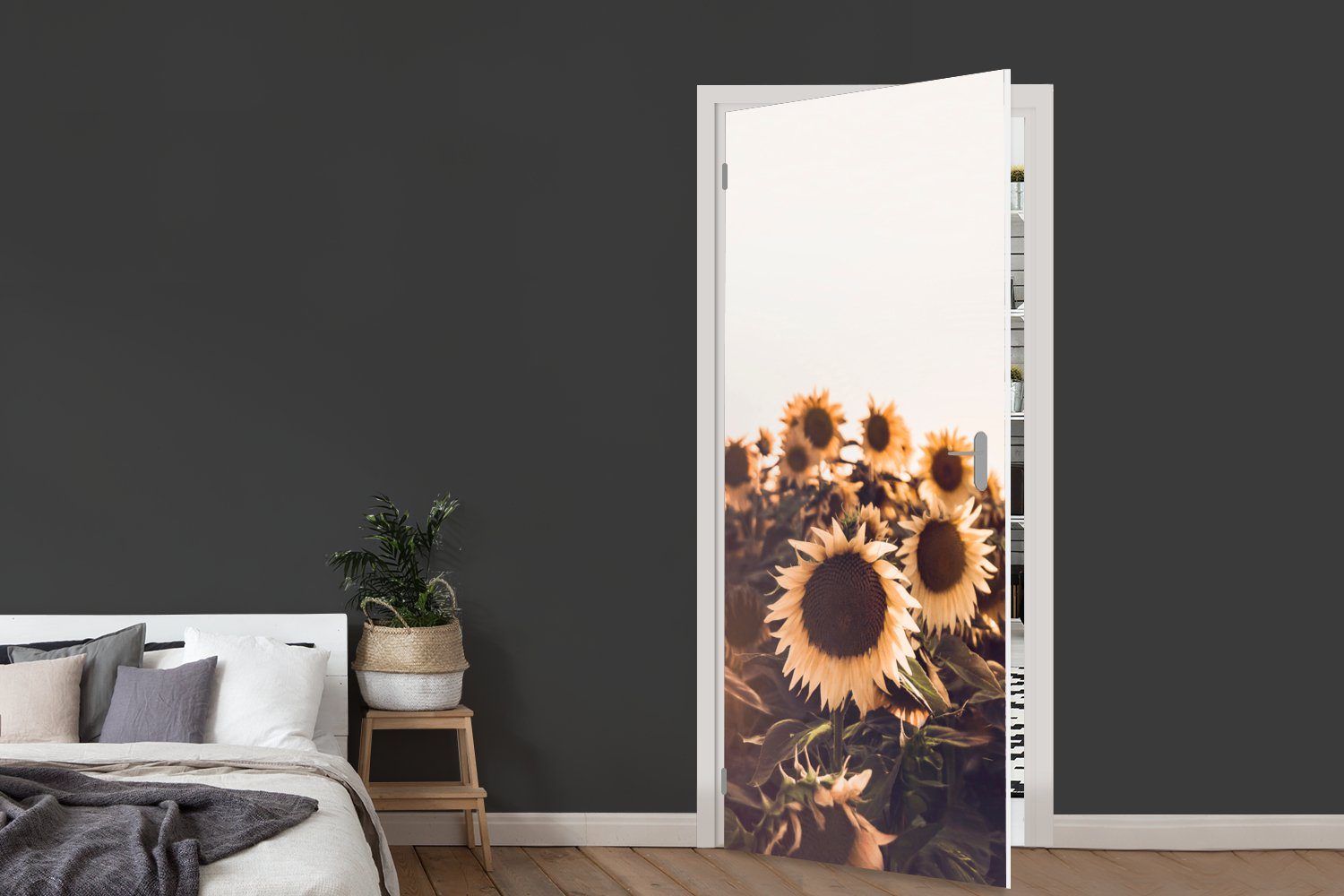 75x205 cm bedruckt, - Blumen St), MuchoWow Türaufkleber, Türtapete Fototapete Matt, - Tür, Gelb, Sonnenblumen für - Sonnenuntergang (1 Feld -