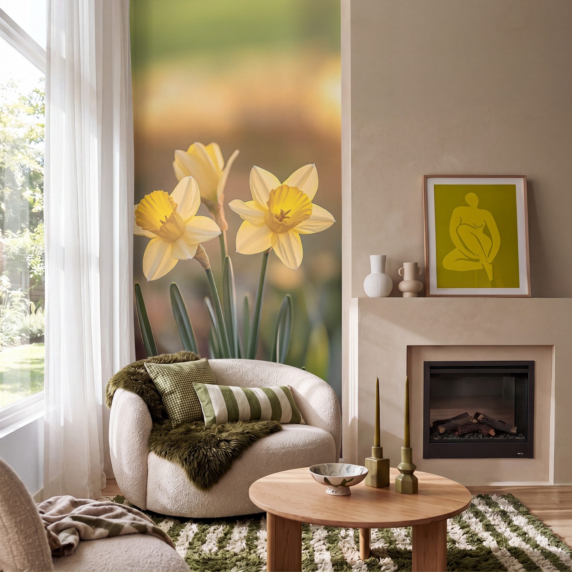 OnlyWow Fototapete Blumen - Gelb - Unscharf, Matt, bedruckt, Wandtapete, Schlafzimmer, Wanddekoration 100x220cm
