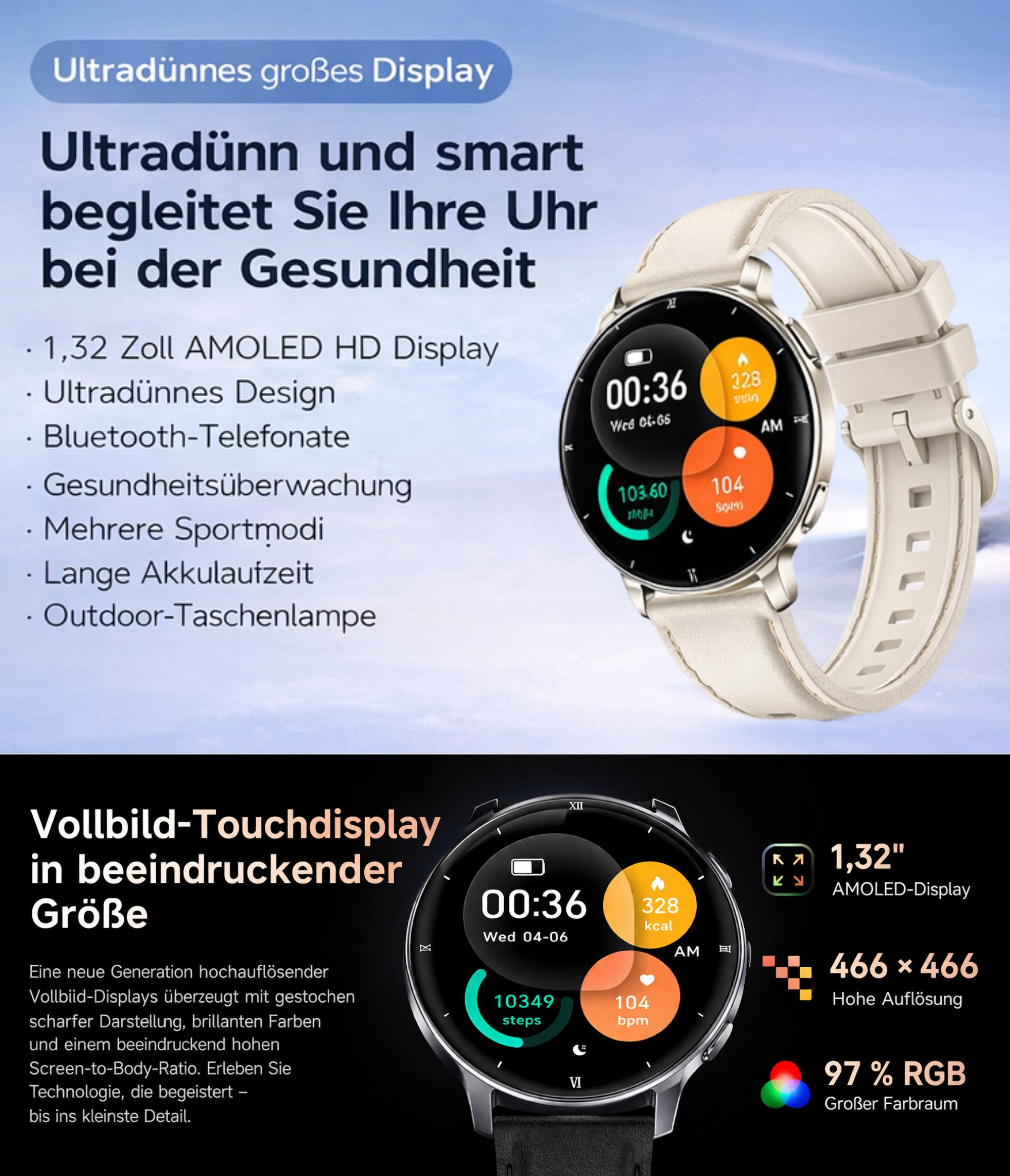 RUHE Smartwatch Uhr für Damen Fitness Tracker mit Telefonfunktion Klein Smartwatch (3,35 cm cm/1,32 Zoll, Android 5.1, iOS 8.2) Smartwatch, 1-tlg., Frauen Uhr Smart Watch, Minimalistisch, Elegant, AMOLED Bluetooth-Anruffunktion Schlafüberwachung Herzfrequ