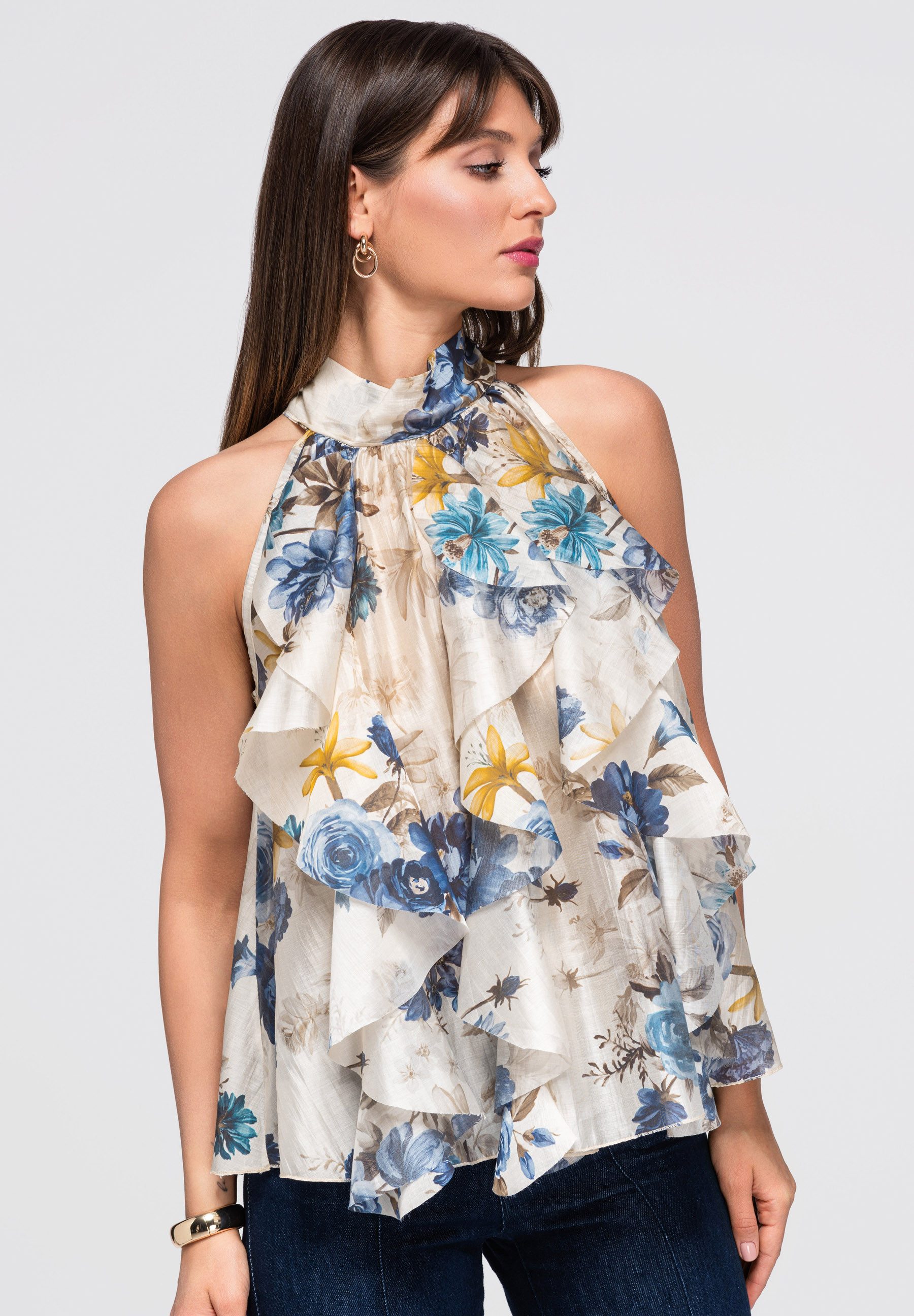 OMBRE Blusentop Damen Blusentop mit floralem Muster und Halterdekolleté Blau ONESIZE (kein Set, 1-tlg) florales Muster, kaskadierende Rüschen