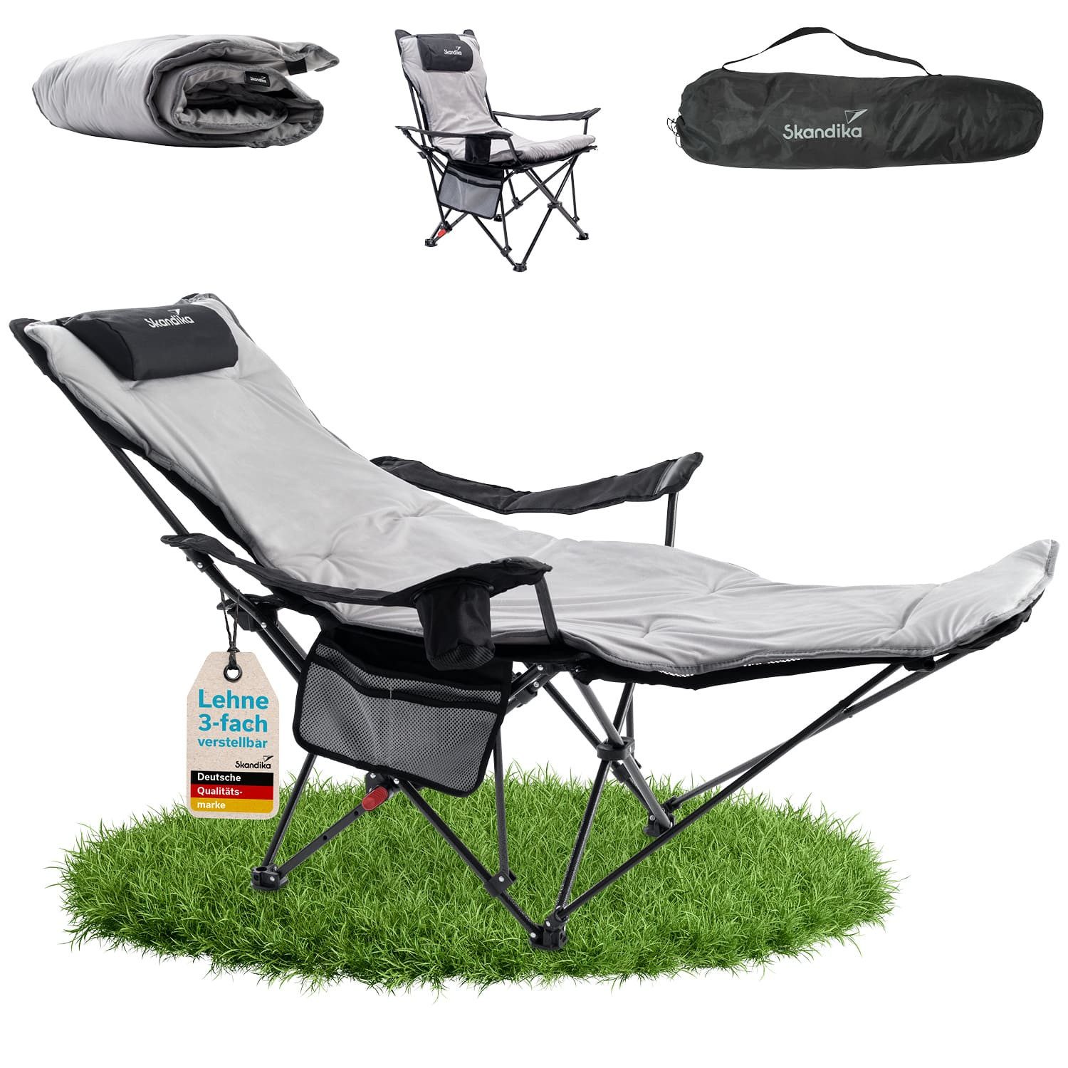 Skandika Campingstuhl Toras mit Fußablage und mit Auflage, 2-in-1 Liegefunktion (Max. Benutzergewicht 120 kg, Gewicht: 4,7 kg), verstellbare Rückenlehne, leicht, Klappstuhl mit Getränkehalter
