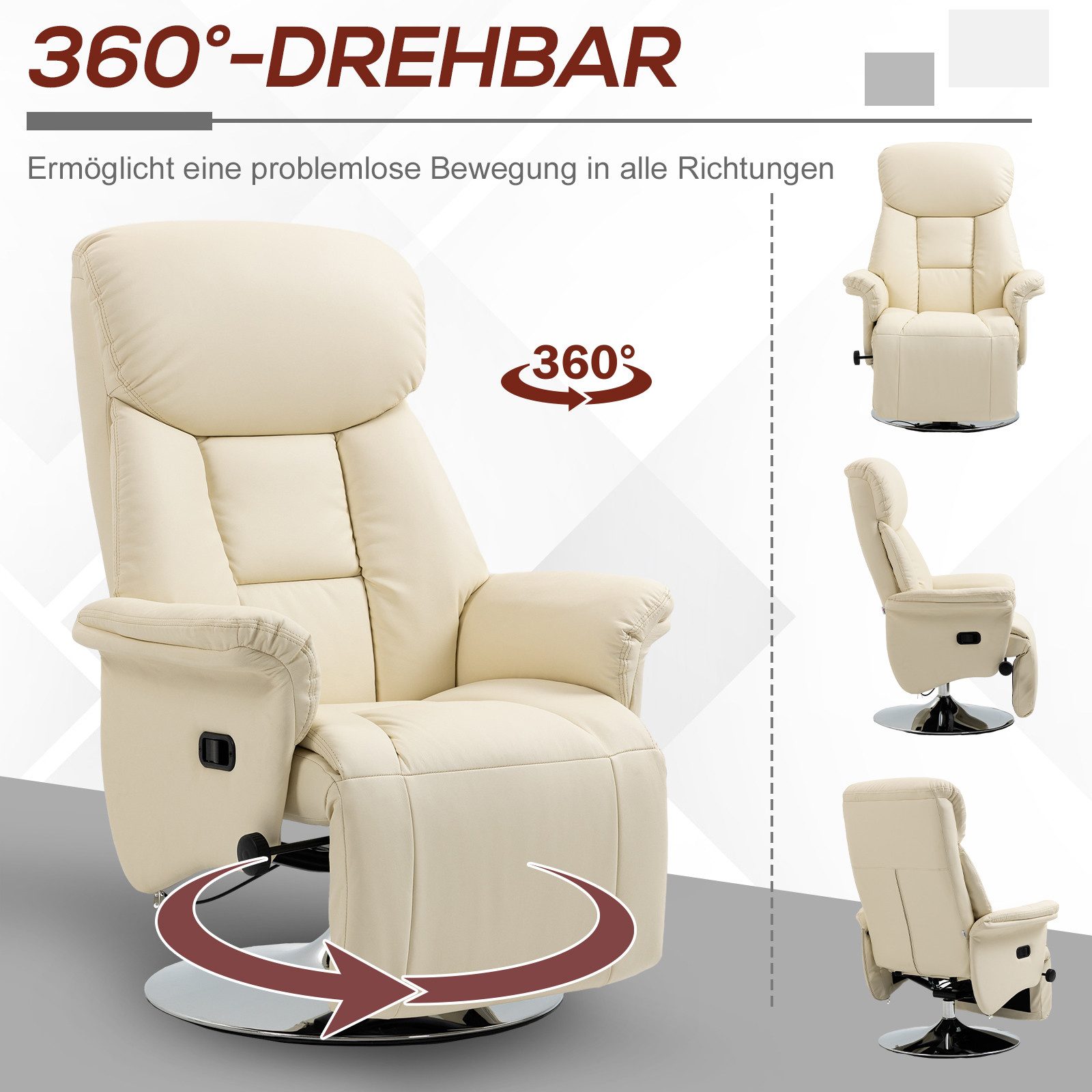 HOMCOM Relaxsessel Fernsehsessel mit Liegefunktion, drehbar, gepolstert, Ruhesessel (Fernsehsessel, 1-St., Liegesessel), für Wohnzimer, Cremeweiß – Bild 5 von 5