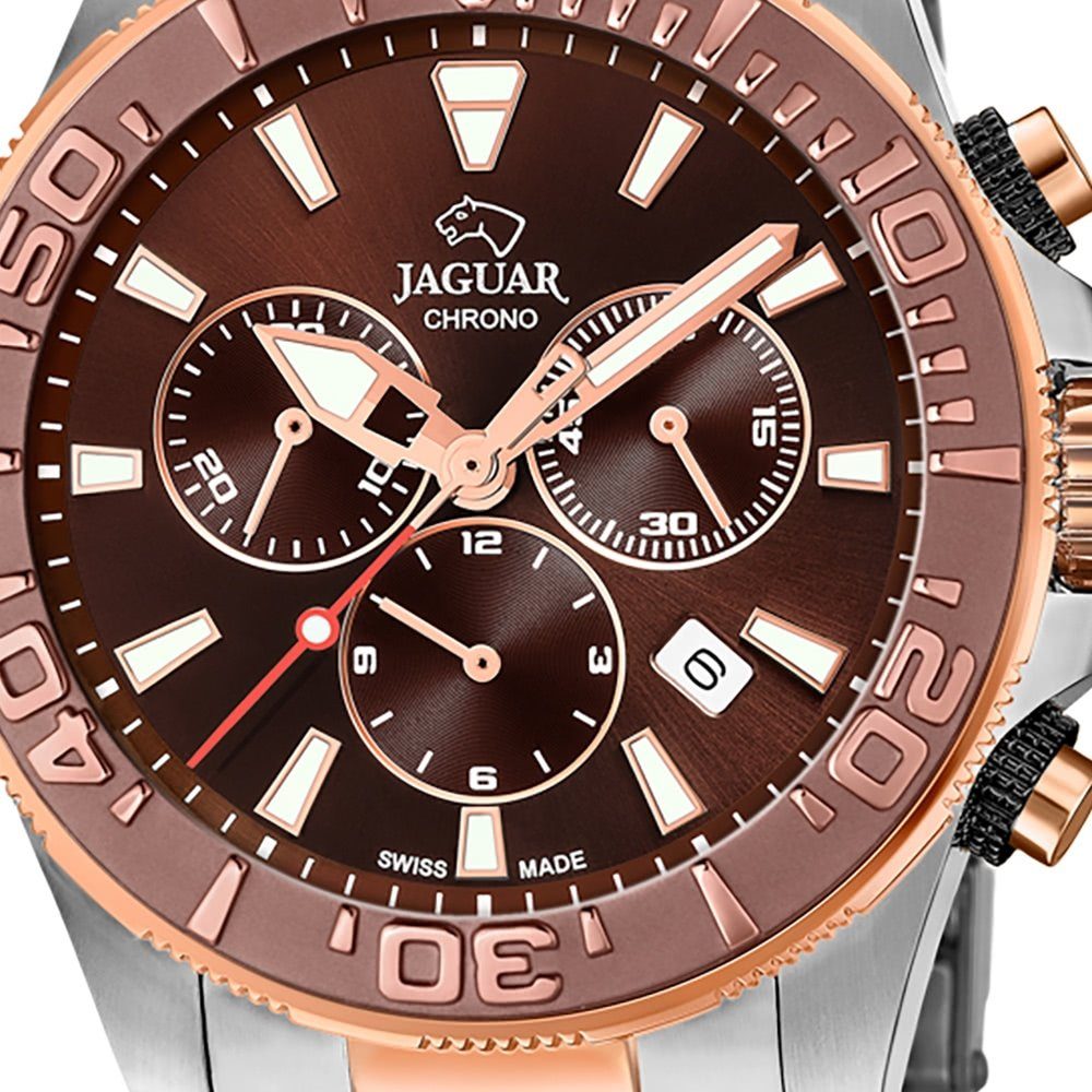 JAGUAR Chronograph Jaguar Herren Armbanduhr Executive, Herrenuhr rund, groß  (ca. 46mm), Edelstahl, Edelstahlarmband, Sport, rosegoldene Zeiger und  Indizes